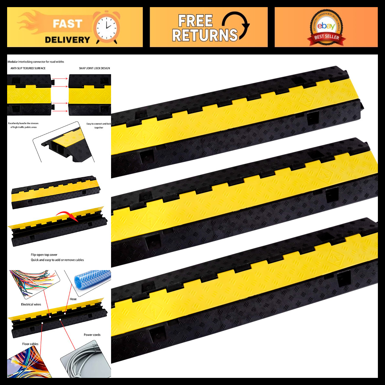 Heavy-Duty Rubber Cable Ramp Protector - 2-Channel Speed Bump, 22000Lbs Capacity