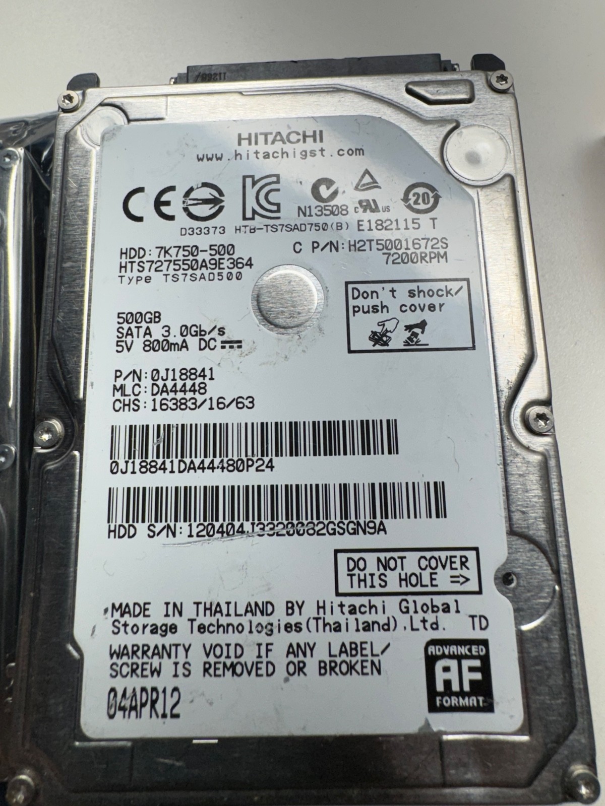 Hitachi HTS725050A9A364 500GB 2.5" SATA Laptop Hard Drive 7200RPM HDD 580304-001