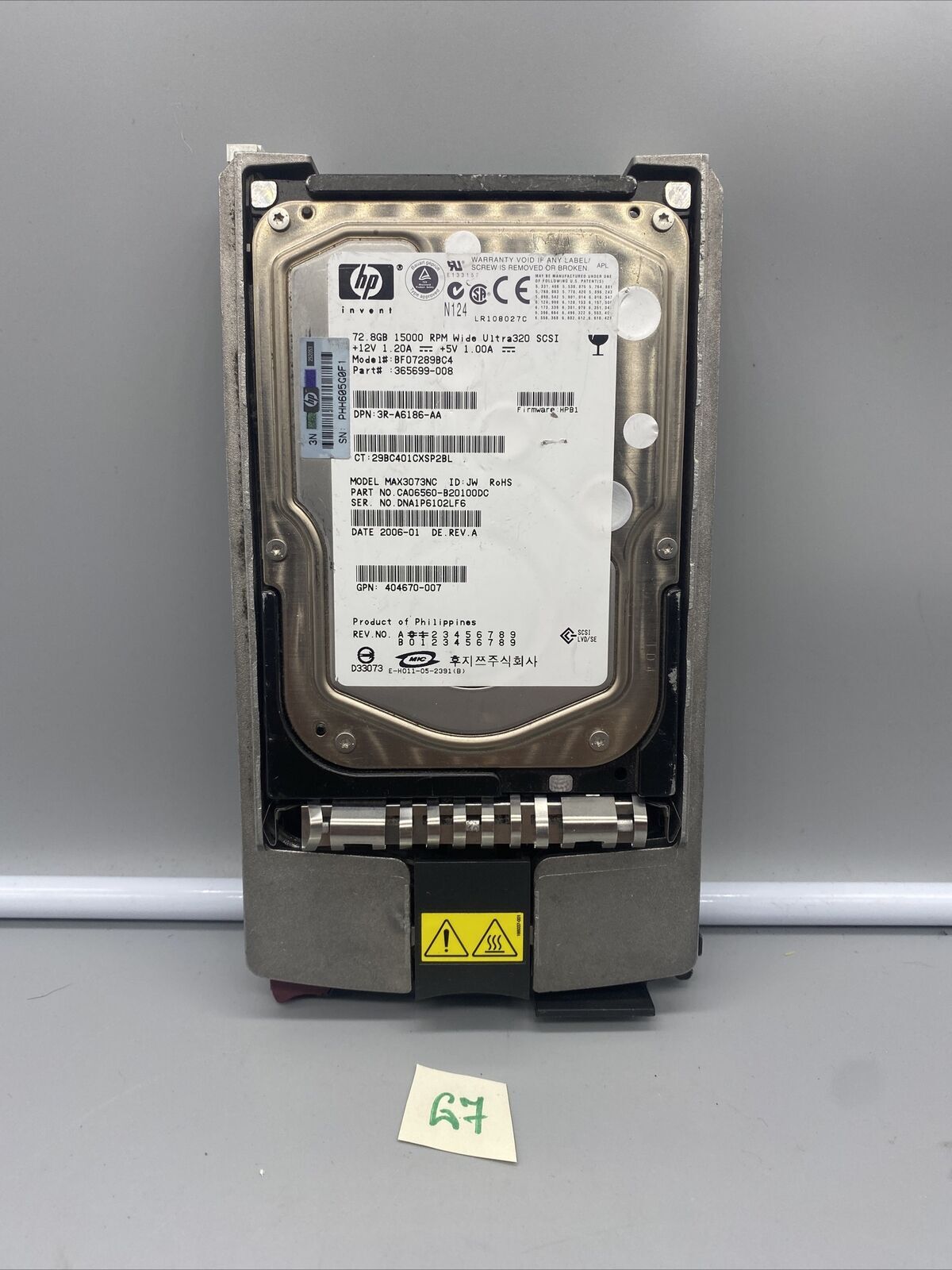 BF07289BC4 HP 72.8 GB 15K ULTRA320 365699-008 SCSI MAX3073NC HDD W/ TRAY