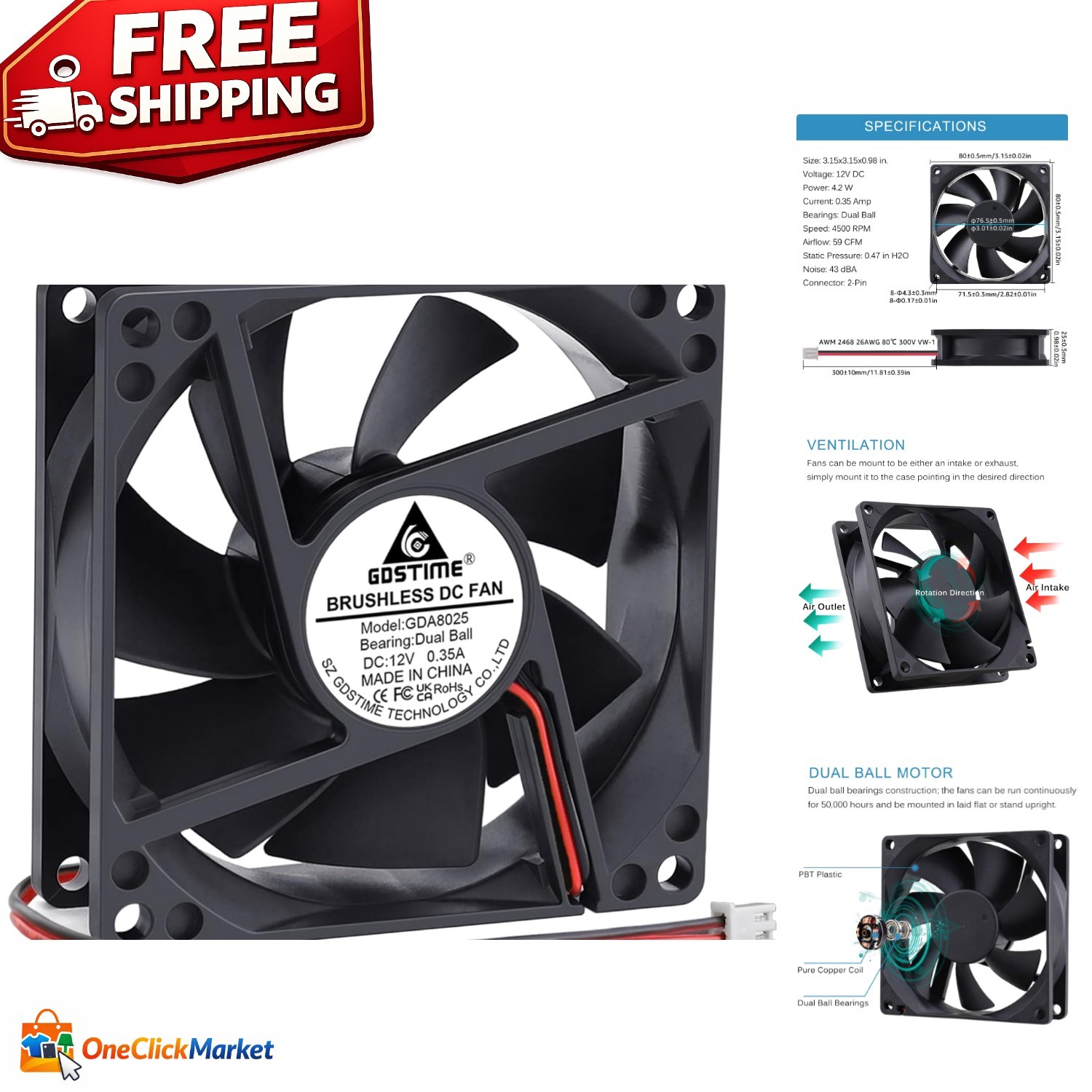 Ultra Efficient 80mm x 25mm High-Speed Cooling Fan - Versatile for Electronics