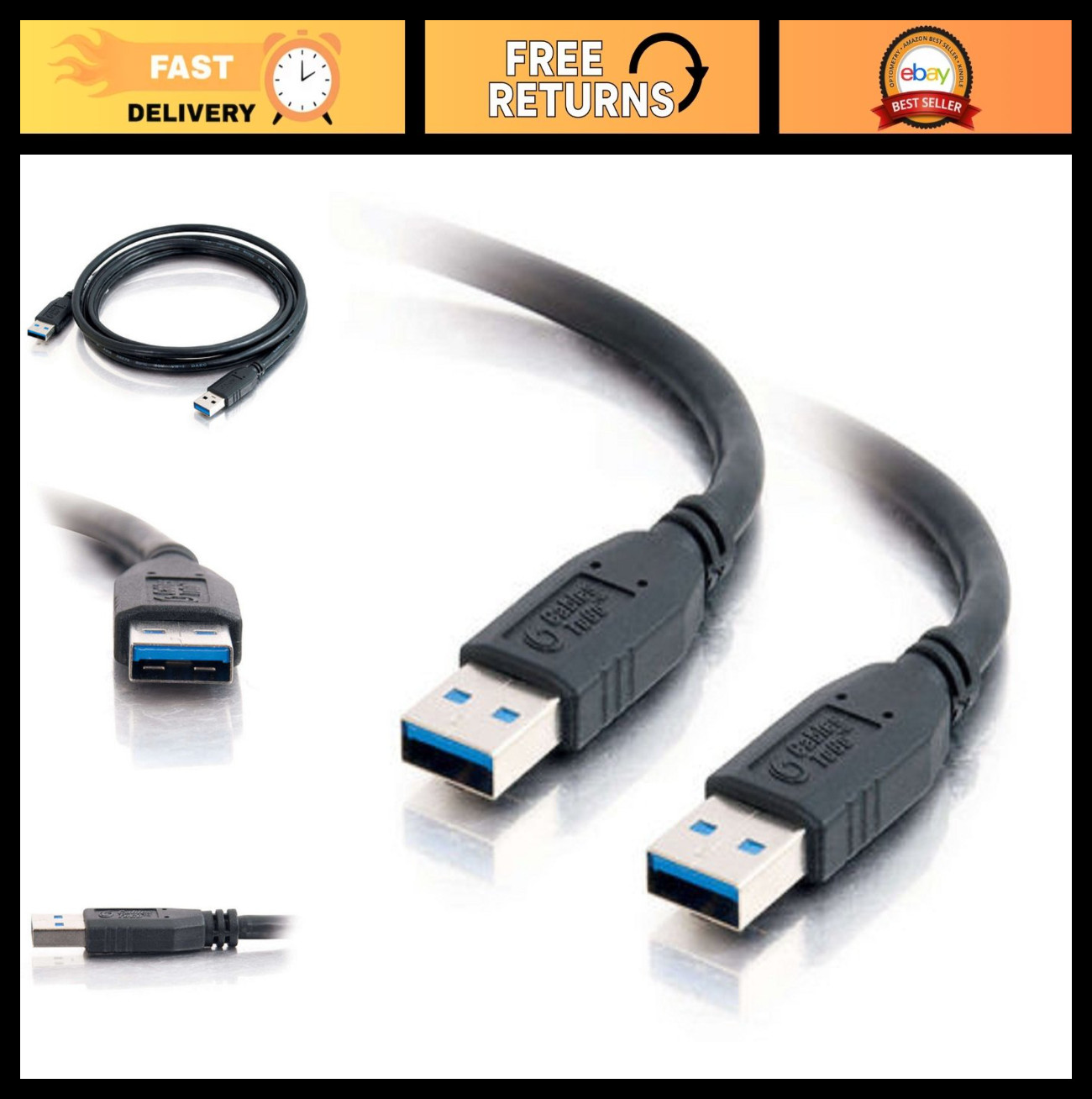 USB 3.0 A Male to A Male Cable 1m/3.28ft - High-Speed Data Transfer, Black