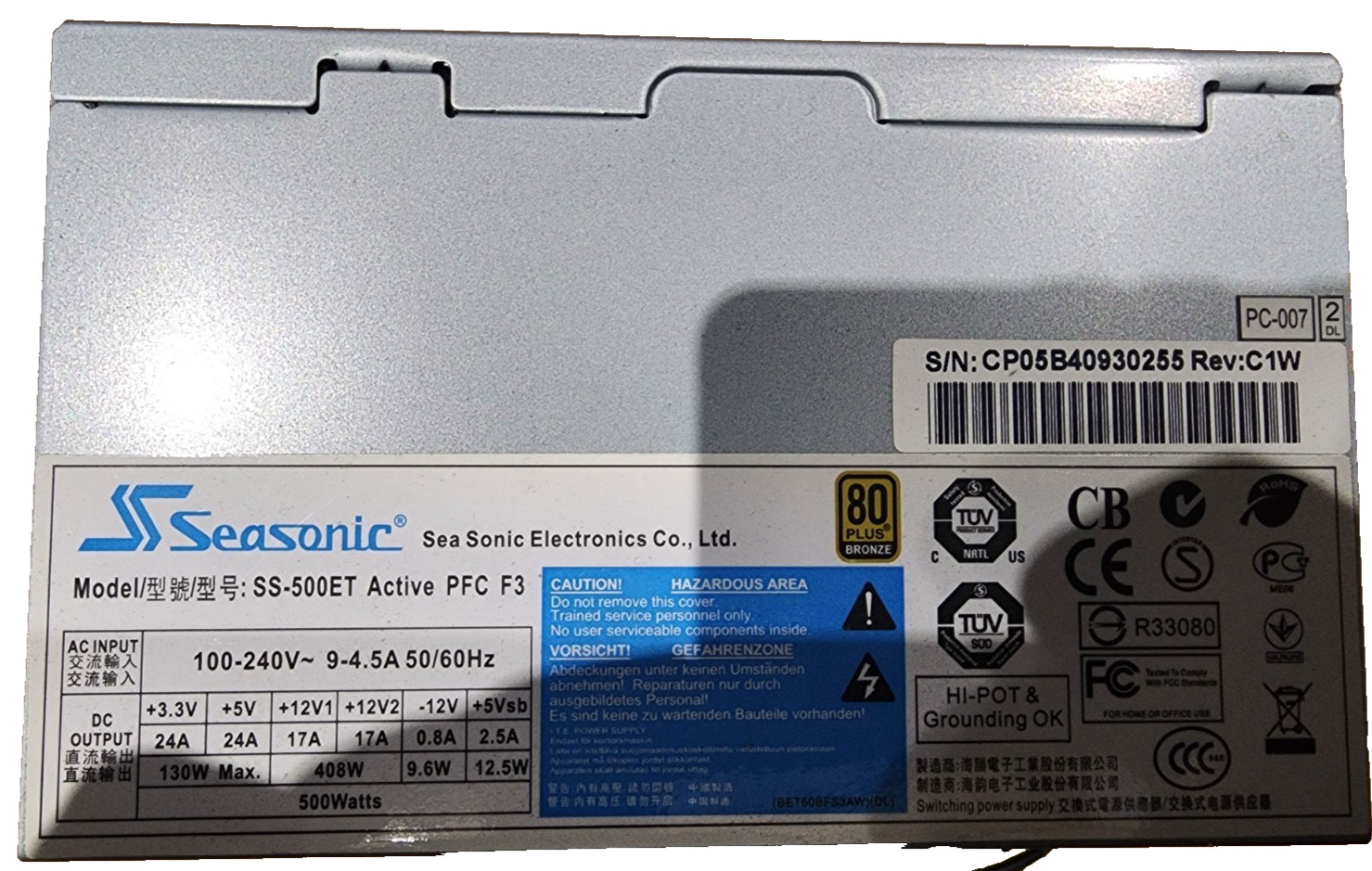 Seasonic SS-500ET 500W Power Supply 80 PLUS Bronze ATX Active PFC F3 PSU Tested