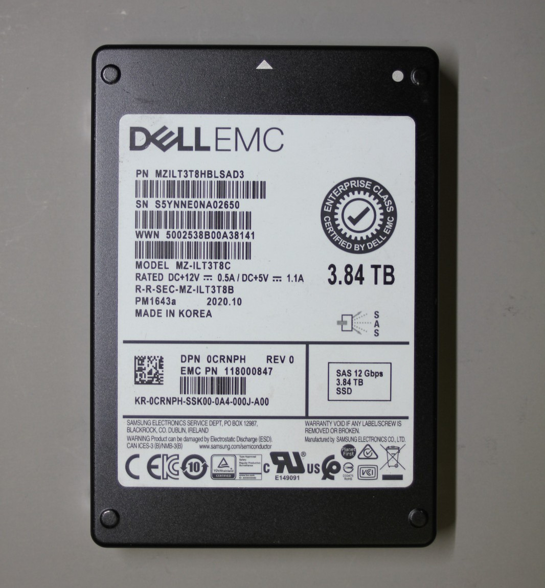 DELL EMC 0CRNPH MZ-ILT3T8C SAMSUNG PM1643a 3.84TB SAS 12Gb/s SSD 90-99% health