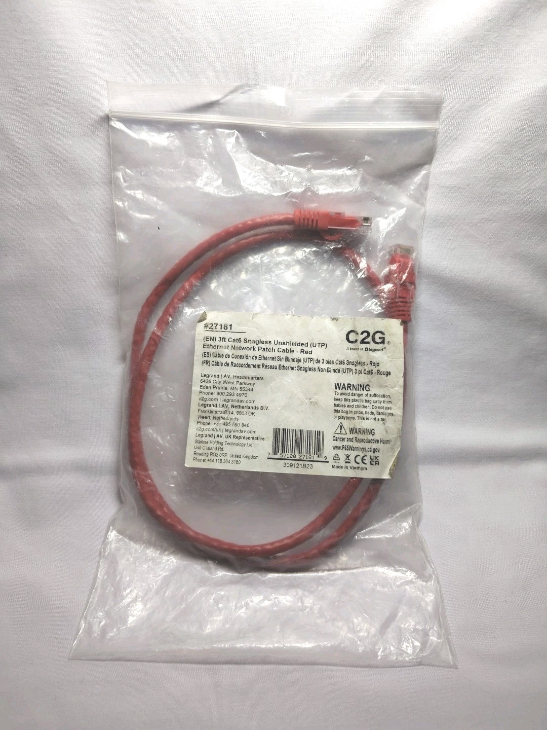 C2G 27181 3ft Cat6 Ethernet Cable - Snagless Unshielded (UTP) - Red