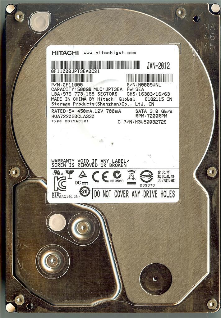 HITACHI HUA722050CLA330 500GB SATA HARD DRIVE P/N: 0F11000 MLC: JPT3EA FW: 3EA