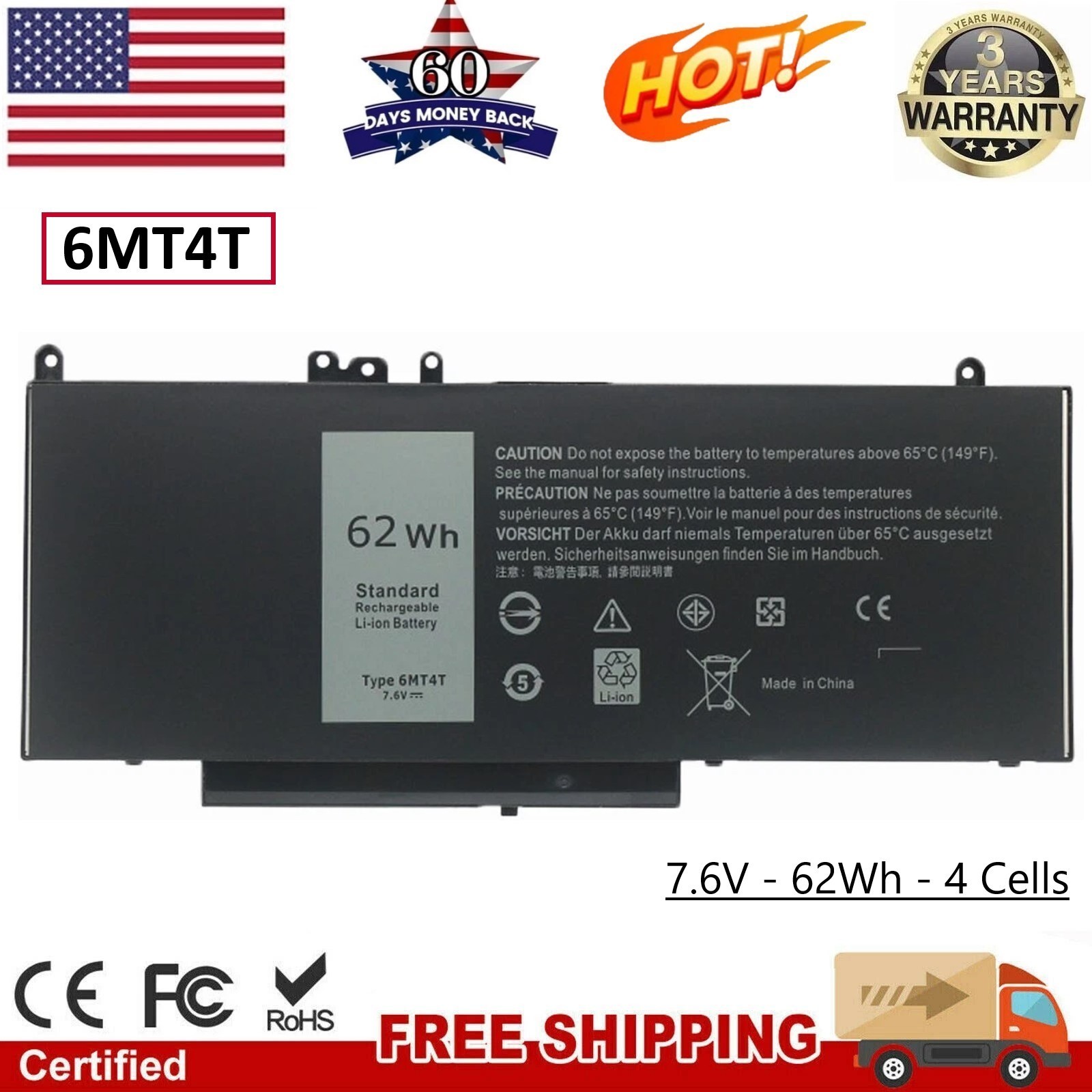 6MT4T Laptop Battery For Dell Latitude E5470 E5570 79VRK 7V69Y TXF9M 62Wh 7.6V