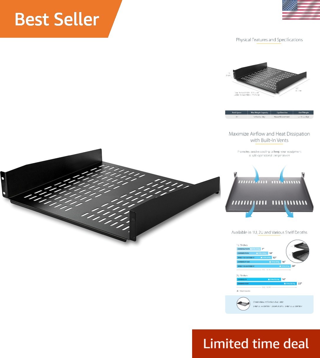Heavy-Duty 2U Cantilever Rack Shelf for 19'' Racks - 16'' Deep, Durable Steel
