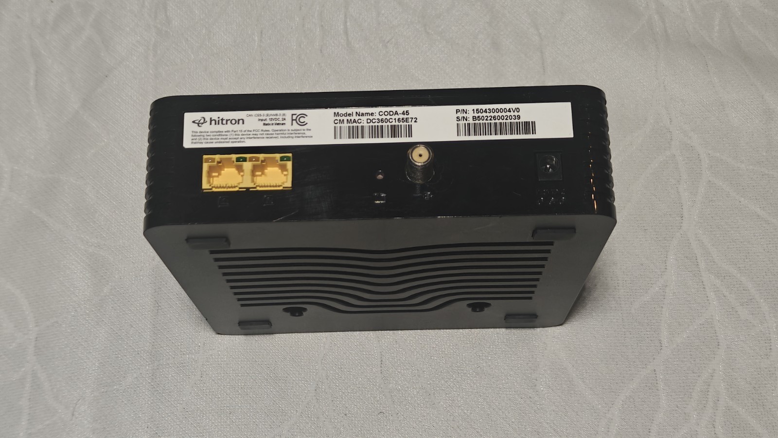 Hitron CODA-45 DOCSIS 3.1, 2 Gigabit Ethernet Modem NO POWER ADAPTER