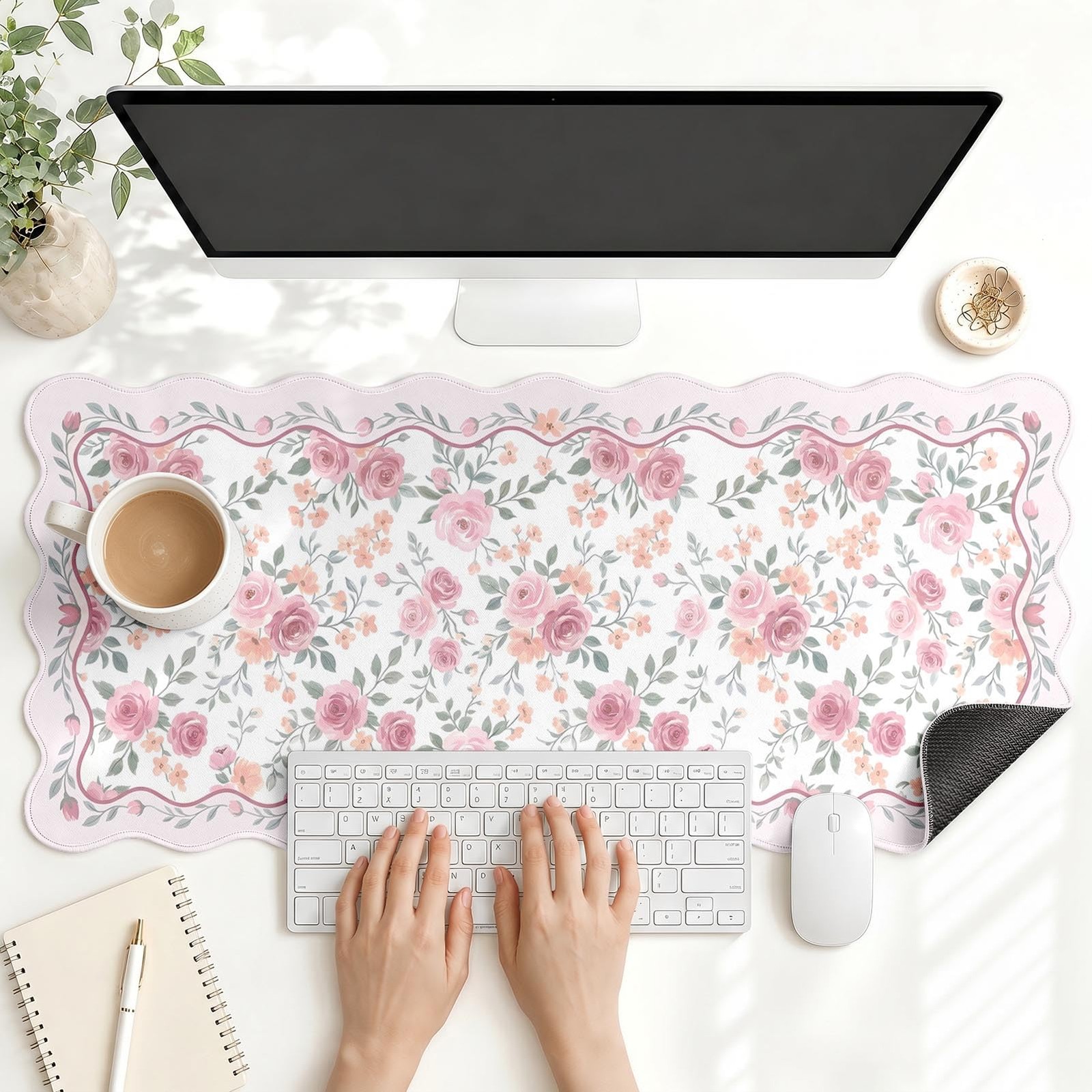 Cosovia Scalloped Gaming Mouse Pad, Vintage Rose 35.4x15.7