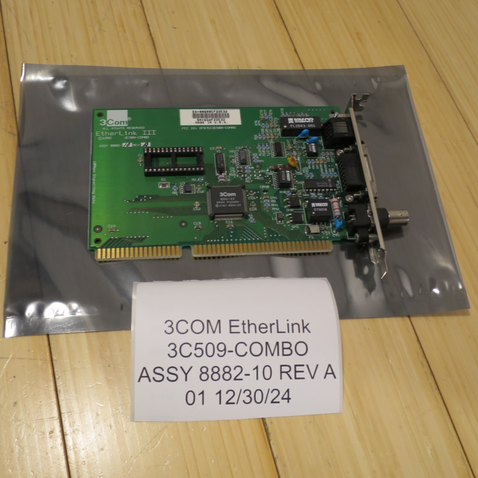 1992 3Com ETHERLINK III 3C509-COMBO ISA ETHERNET RJ45 COAX DA15 8882-10 REV A
