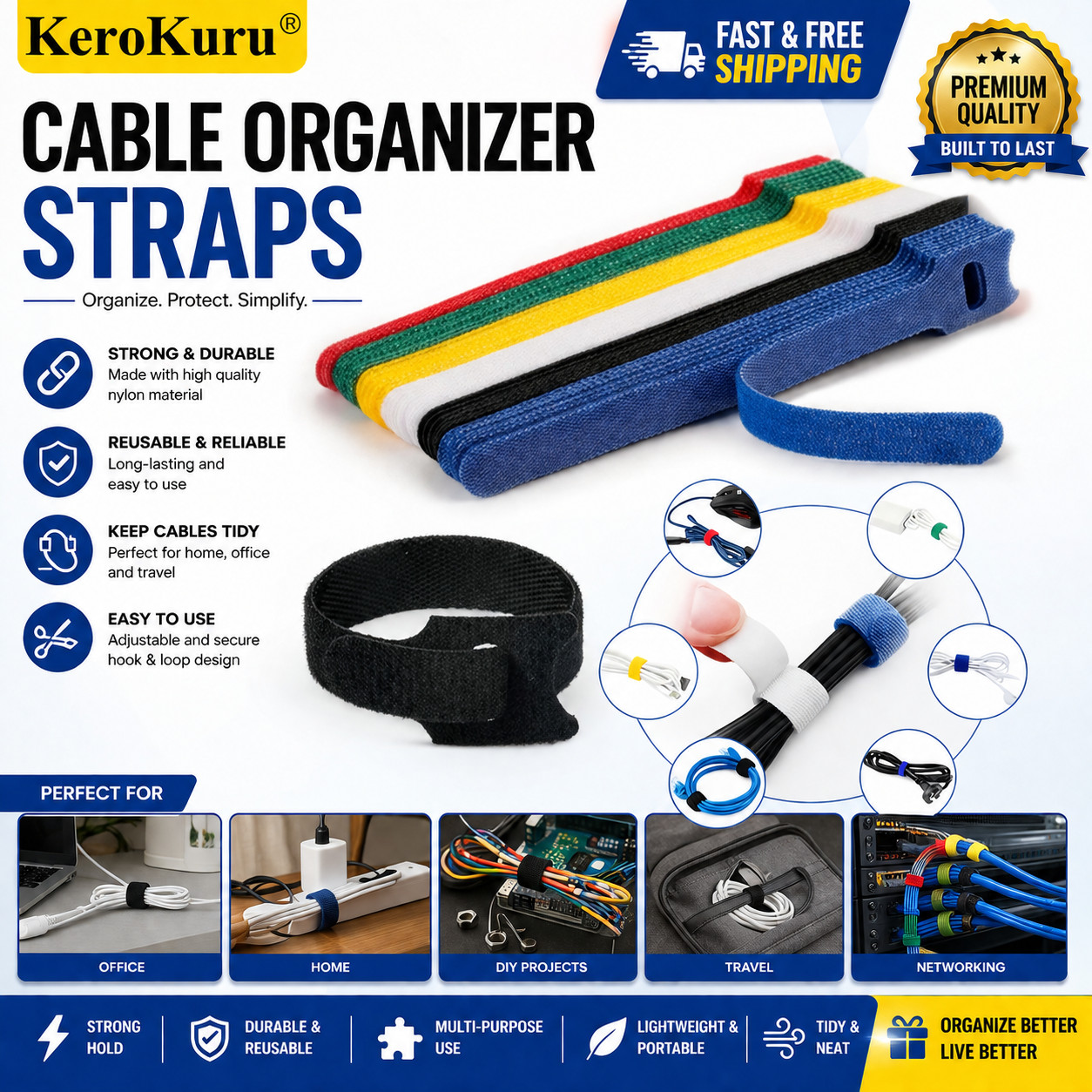 50/10pcs Cable Straps Wire Cord Hook Loop Ties Reusable Fastening Organizer Lot