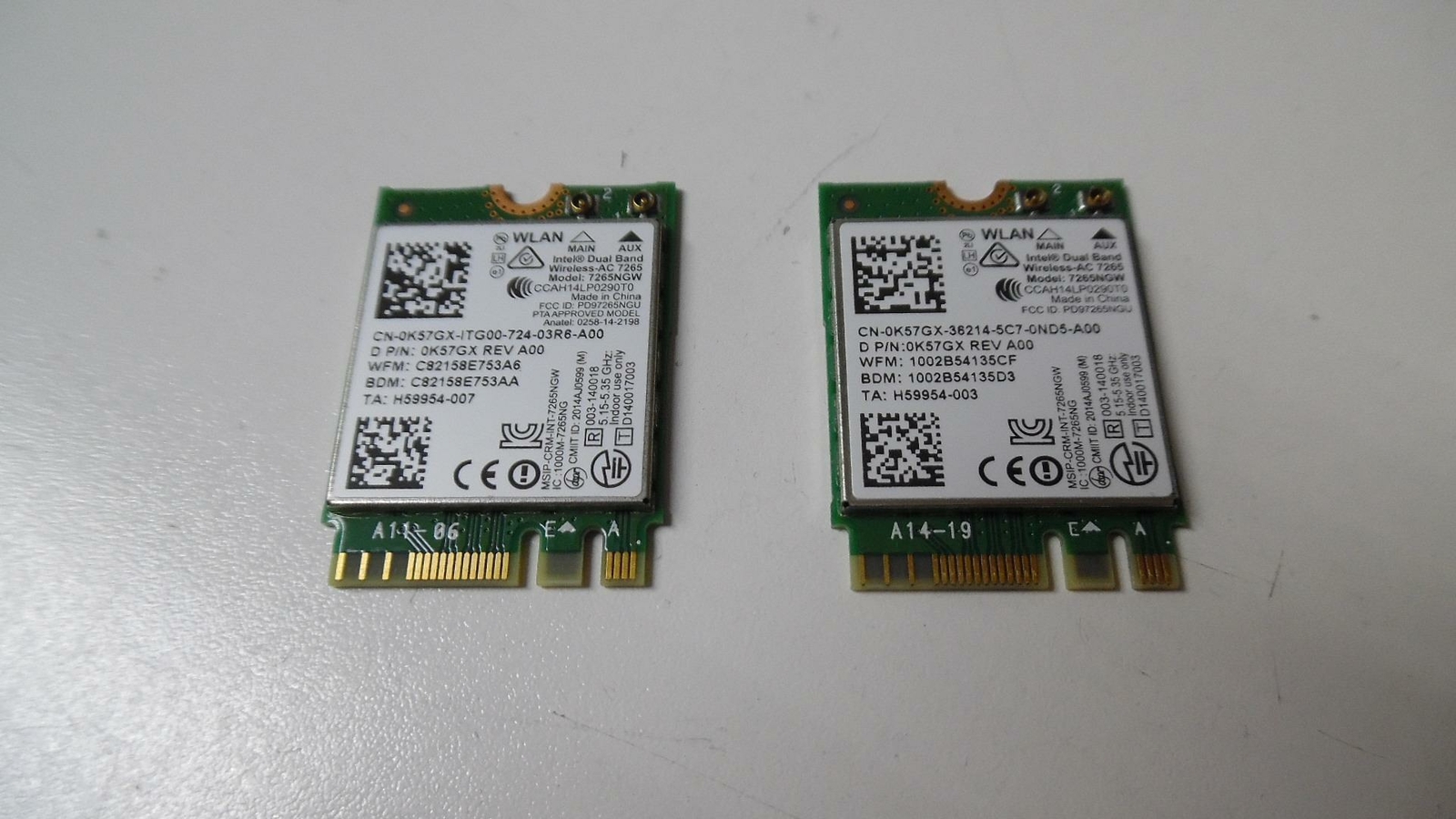 Pair of Intel 7265NGW Dual-Band Wireless Card - 0K57GX