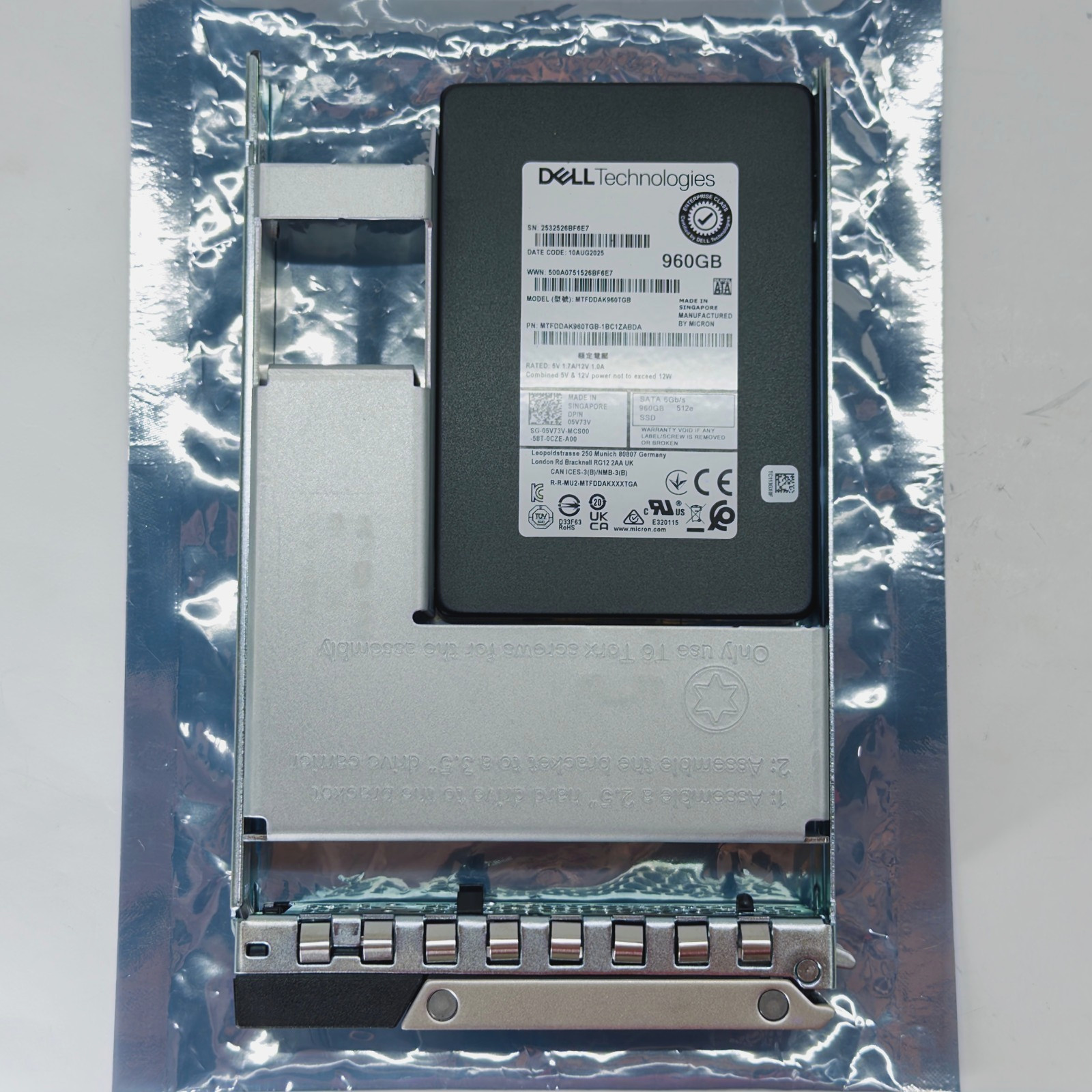 Dell EMC Micron 960GB Mixed Use 2.5in SSD Drive SATA 05V73V w Tray Under 11 Hrs