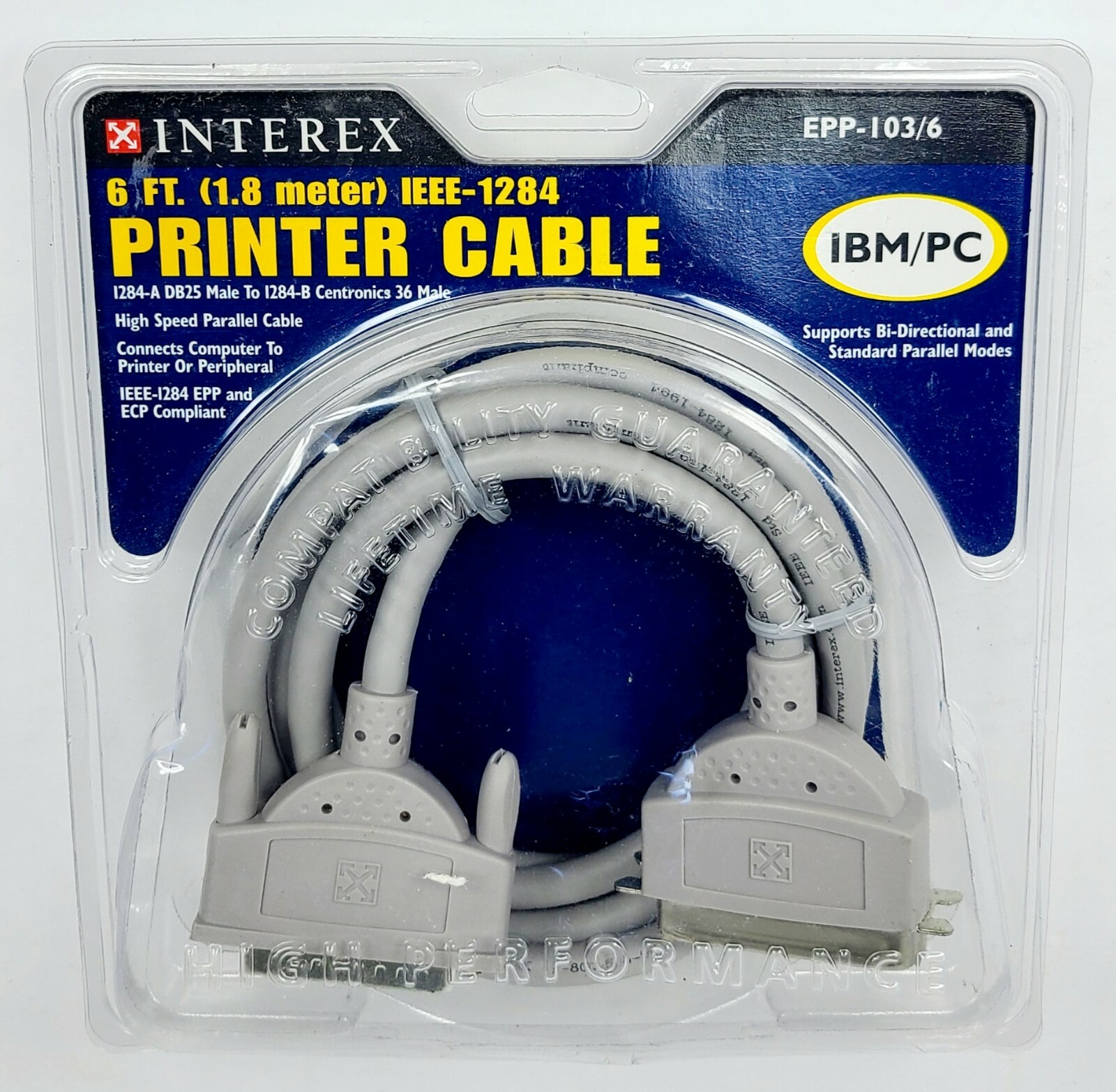 Interex 6 ft IEEE-1284 High Speed Parallel IBM/PC Printer Cable, EPP-103/6, NEW