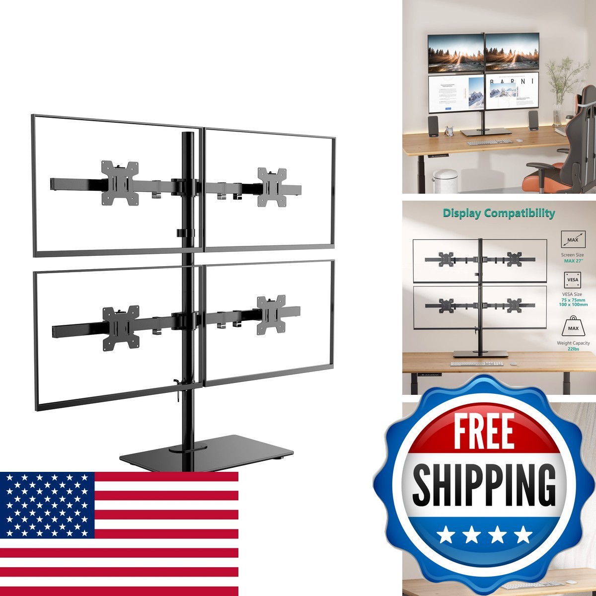 WALI Freestanding Quad Monitor Mount 17-27 Inch Screens, Fully Adjustable 4