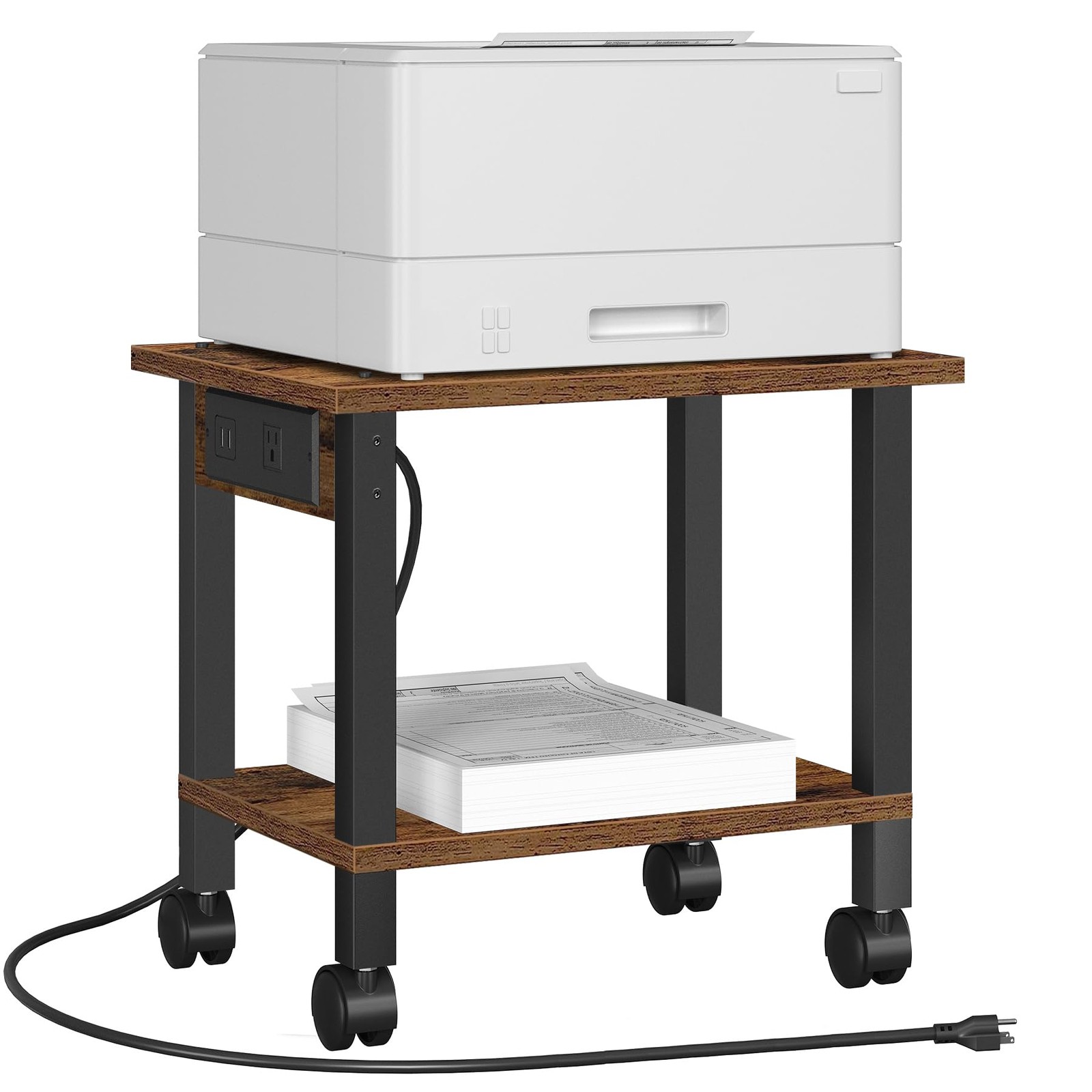 2Tier Rolling Printer Stand Cart Power Outlets USB Ports Under Desk Office Brown