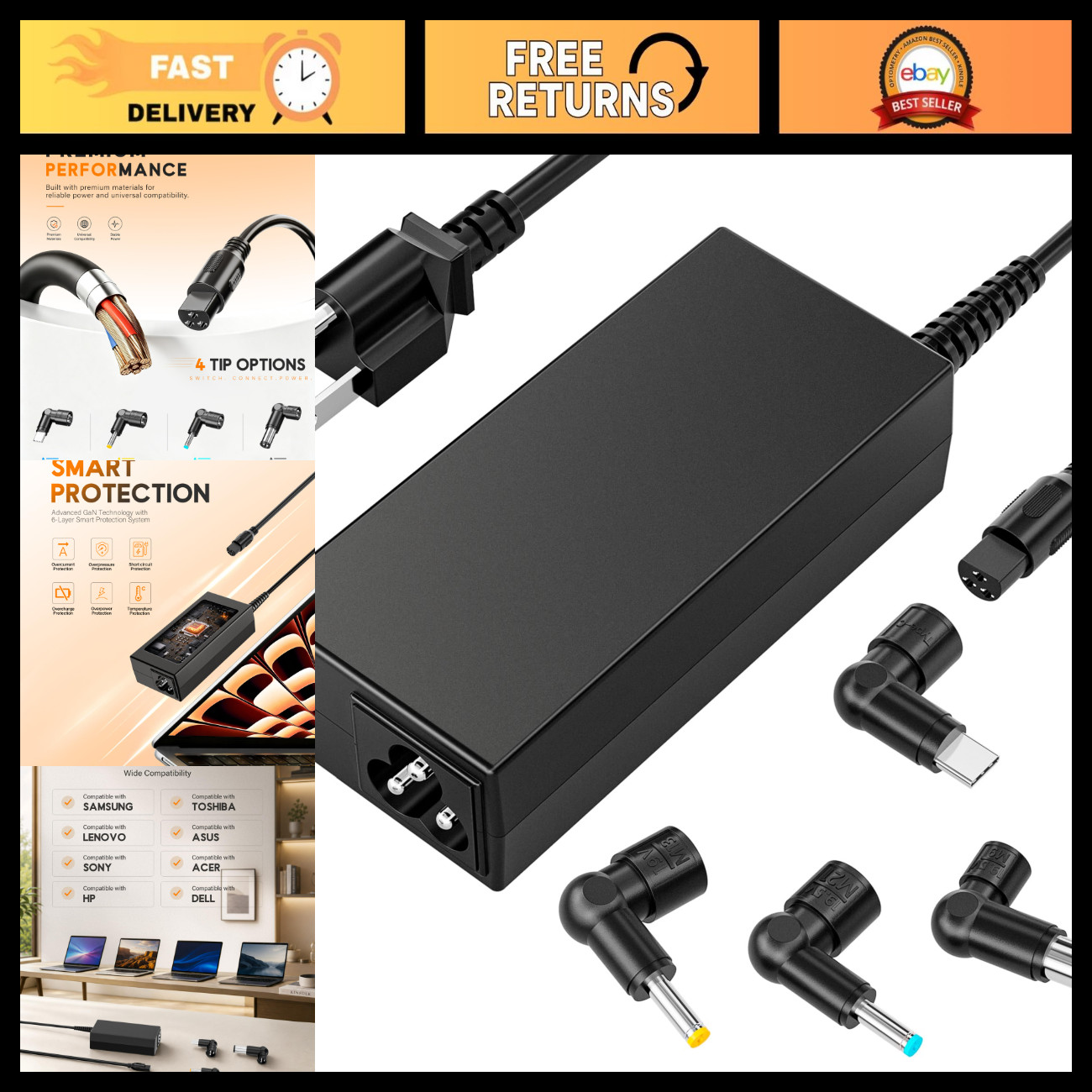 65W USB C Laptop Charger, 4-in-1 AC Adapter with 3 Round Tips, Universal Power S
