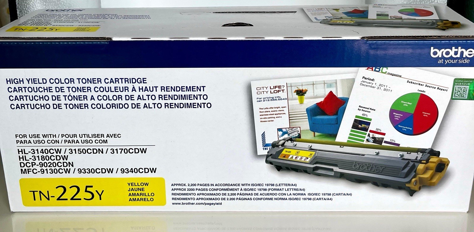 Genuine Brother TN-225Y Yellow High Yield Toner Cartridge OEM TN225Y 2,200 Pages