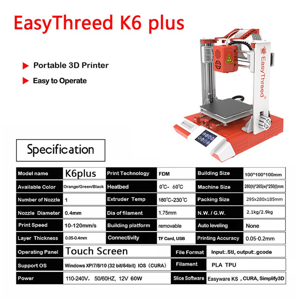 EasyThreed K6 Plus 3D Printer Desktop Printing Machine 100x100x100mm/4 HZCC