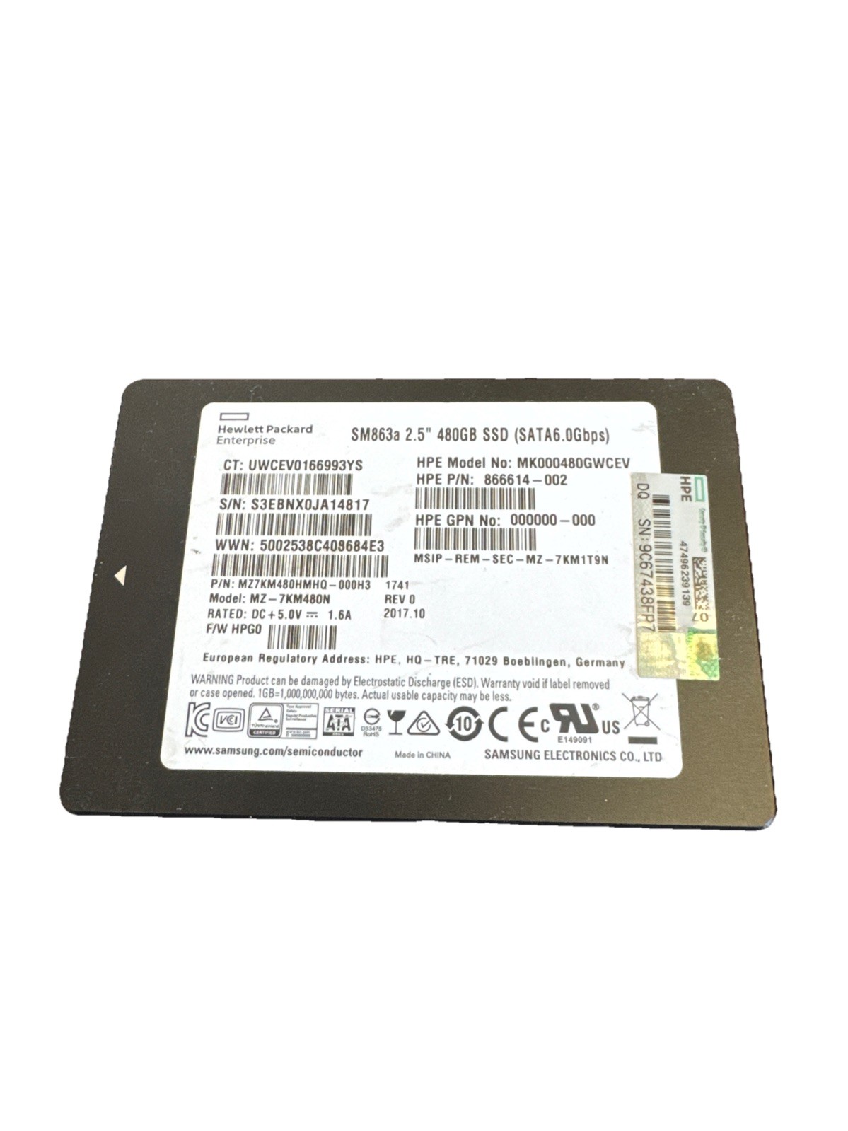 HPE Samsung SM863a 480GB SATA 6Gb/s MIXED USE 2.5IN SC SSD 866614-002