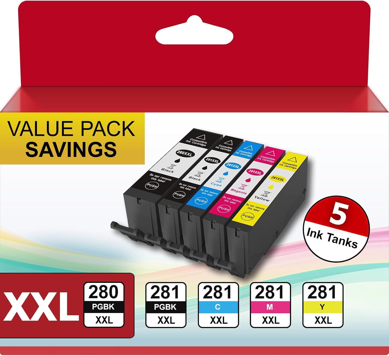 5 Pack High Yield 280XXL 281XXL Ink Cartridges w/Chip for Canon PIXMA TR8620a...