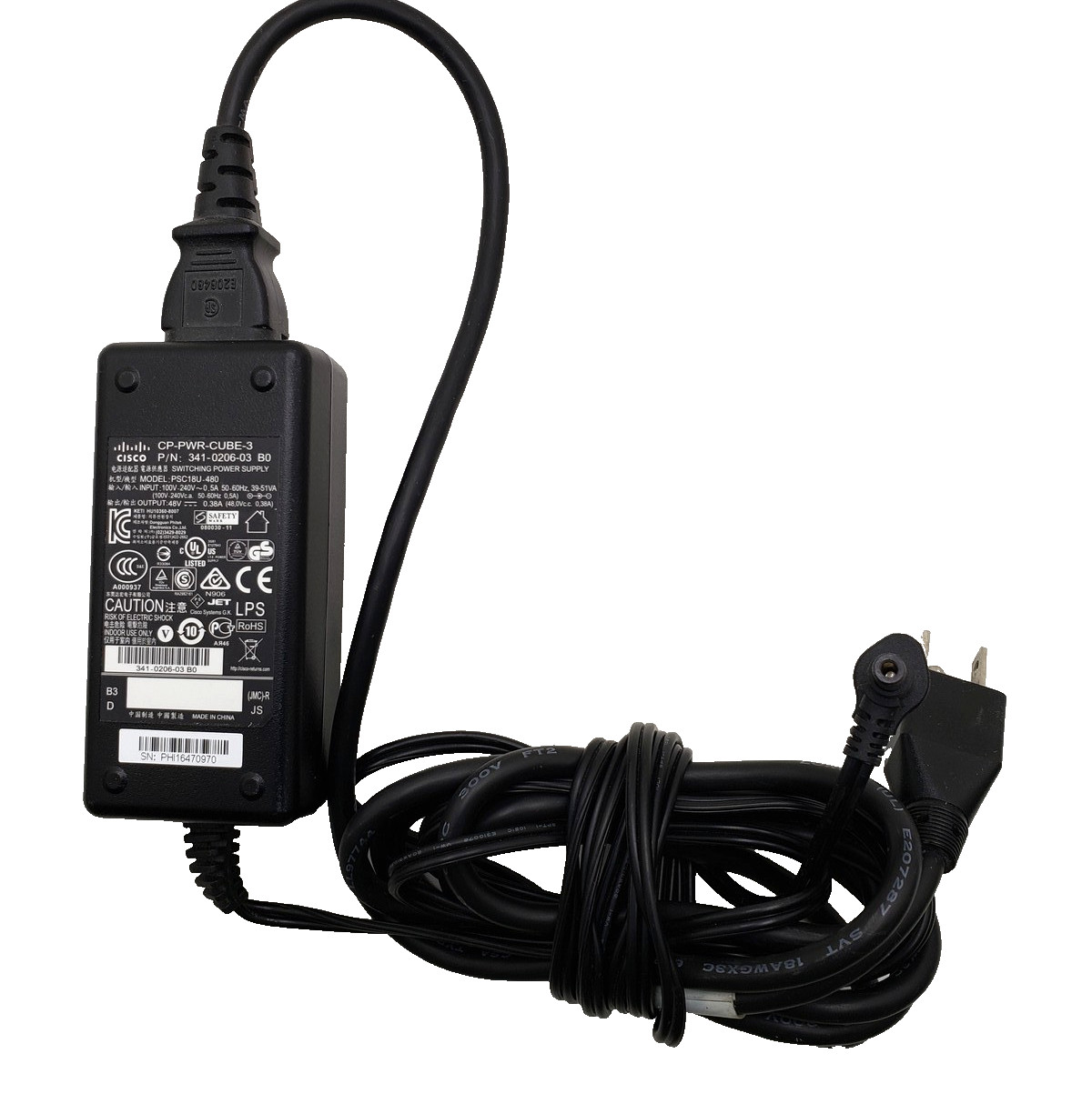 Cisco Power Supply 48V 0.38A W/ Power Cord P/N: PSC18U-480 SN:PHI16470970 Tested