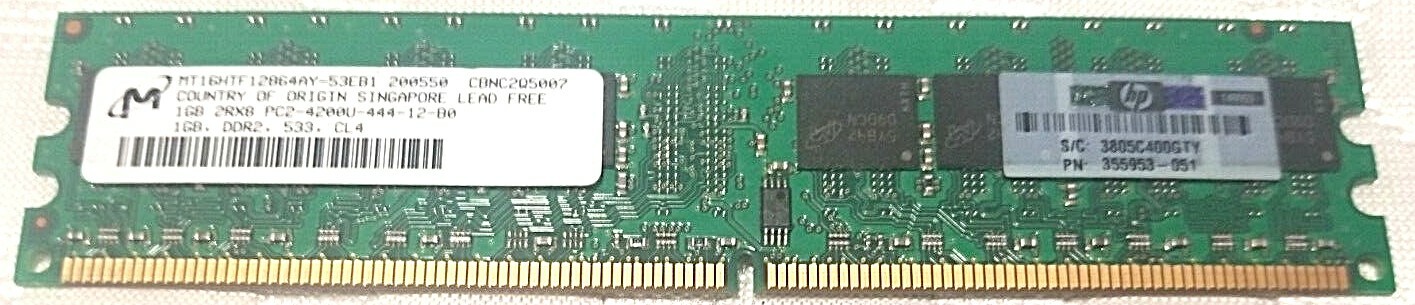  1GB HP MICRON MT16HTF12864AY-53EB1 DDR2 SDRAM 1GB 533MT/s 240-UDIMM NON-ECC RAM
