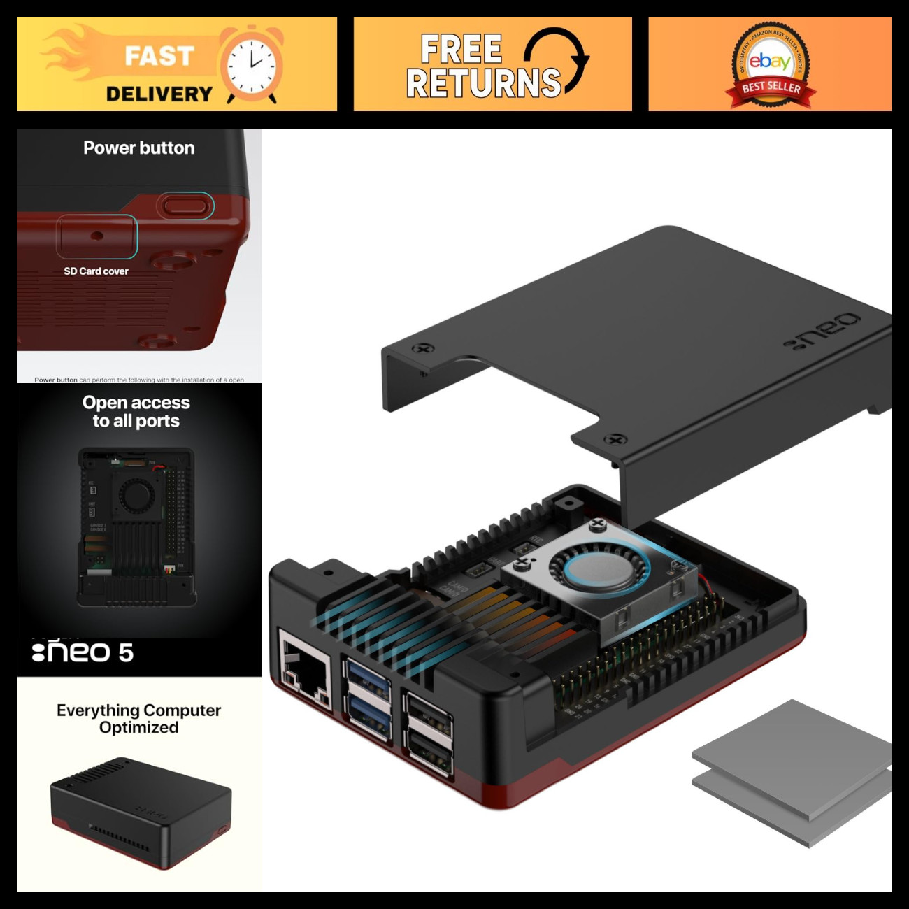 Aluminum Case for Raspberry Pi 5 with Built-in Fan - Durable & Lightweight Desig