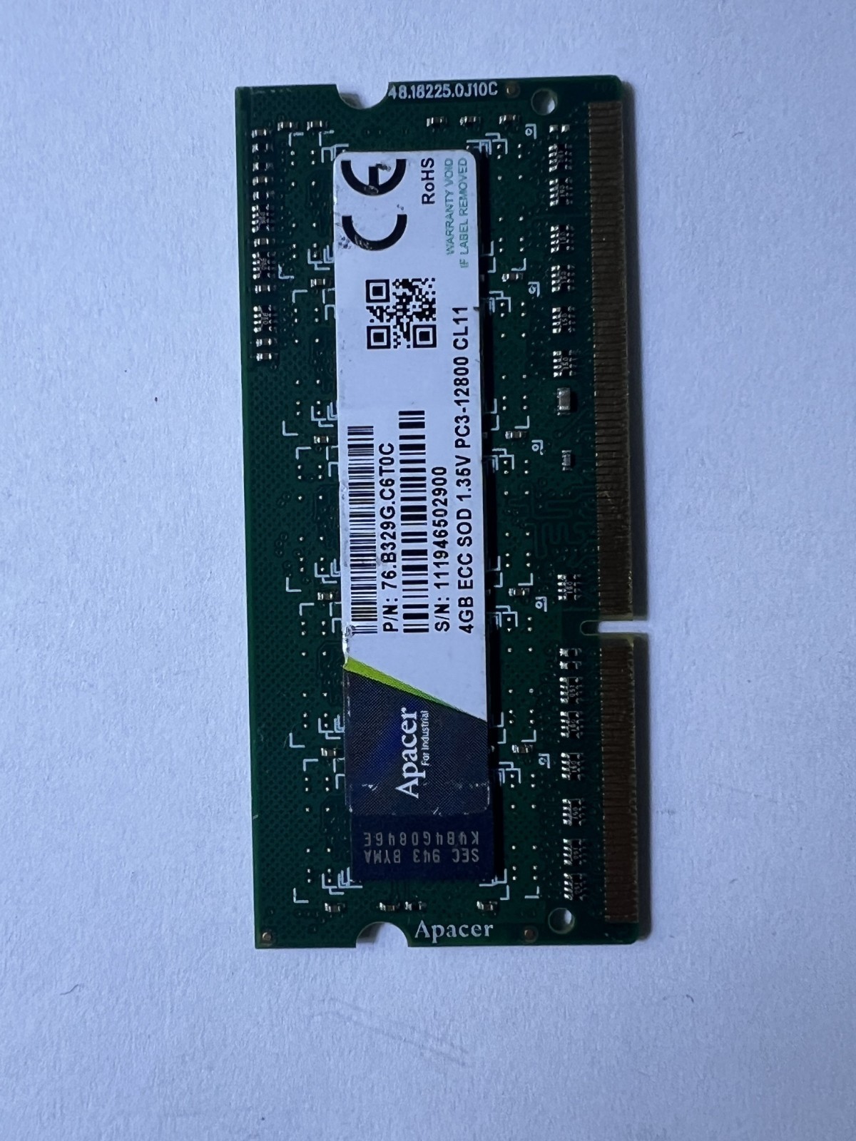 Apacer P/N: 76.B329G.C6T0C 4GB ECC SODIMM 1.35V PC3-12800 CL11 Server Memory RAM