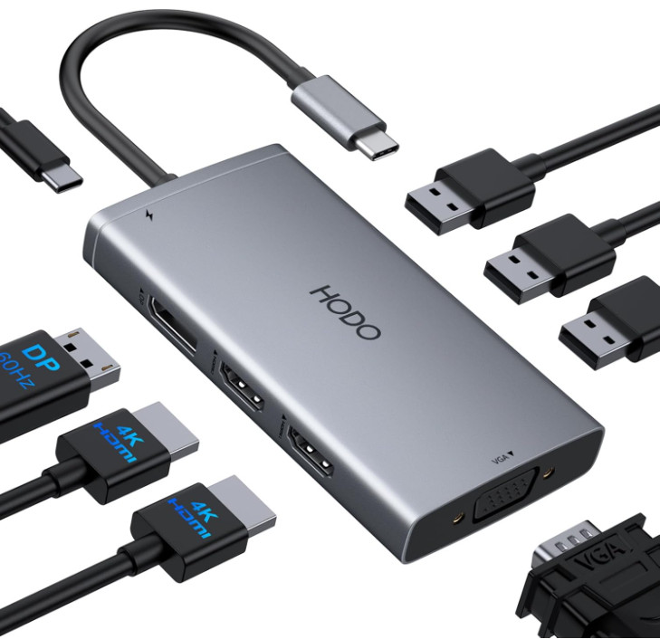 Docking Station USB C 8 en 1 Triple Monitor 4K HDMI DP VGA USB PD para Portátil