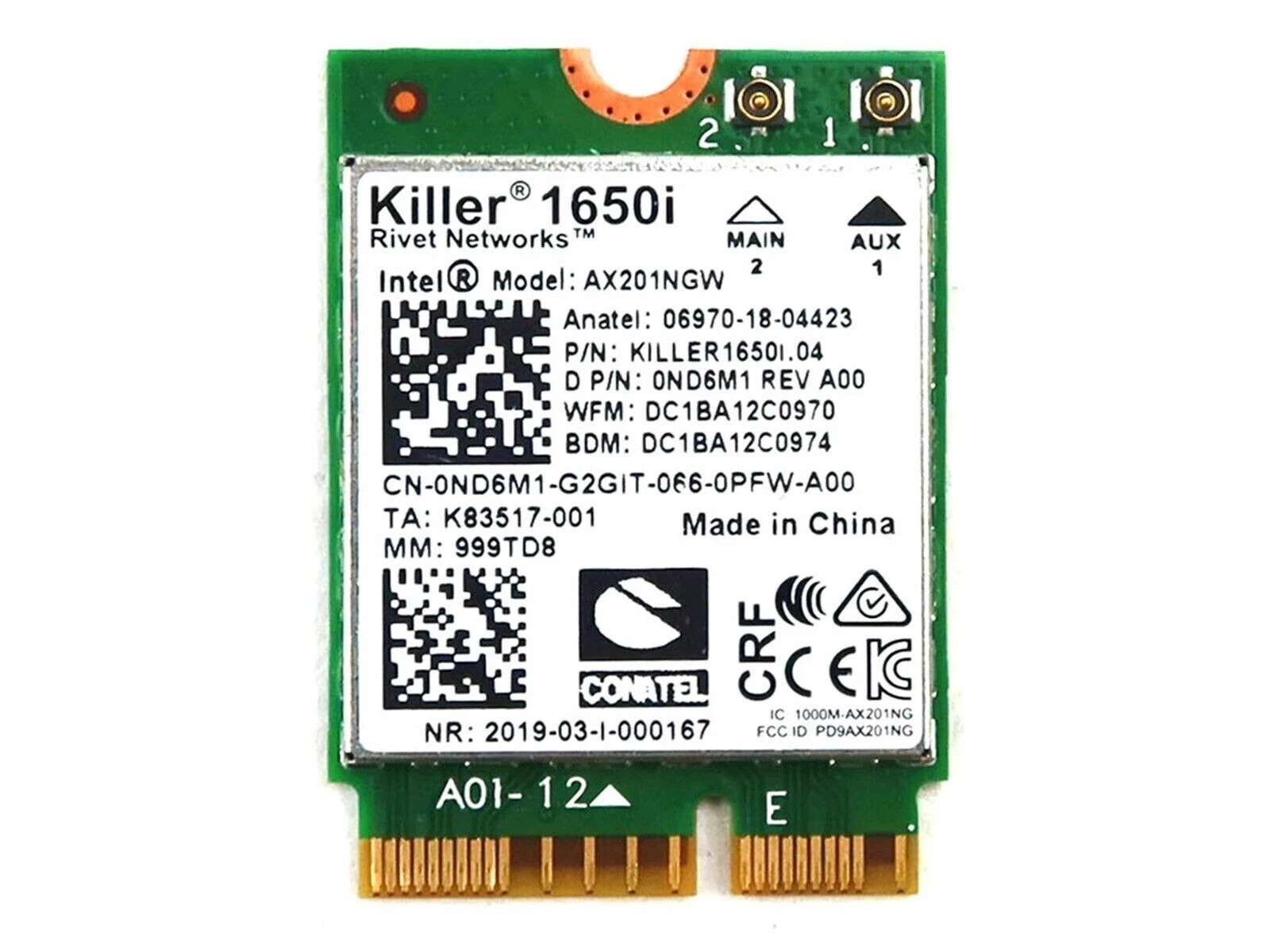 Intel Killer AX1650i (2x2) Wireless Wi-Fi 6 Bluetooth 5.1 AX201NGW 0ND6M1