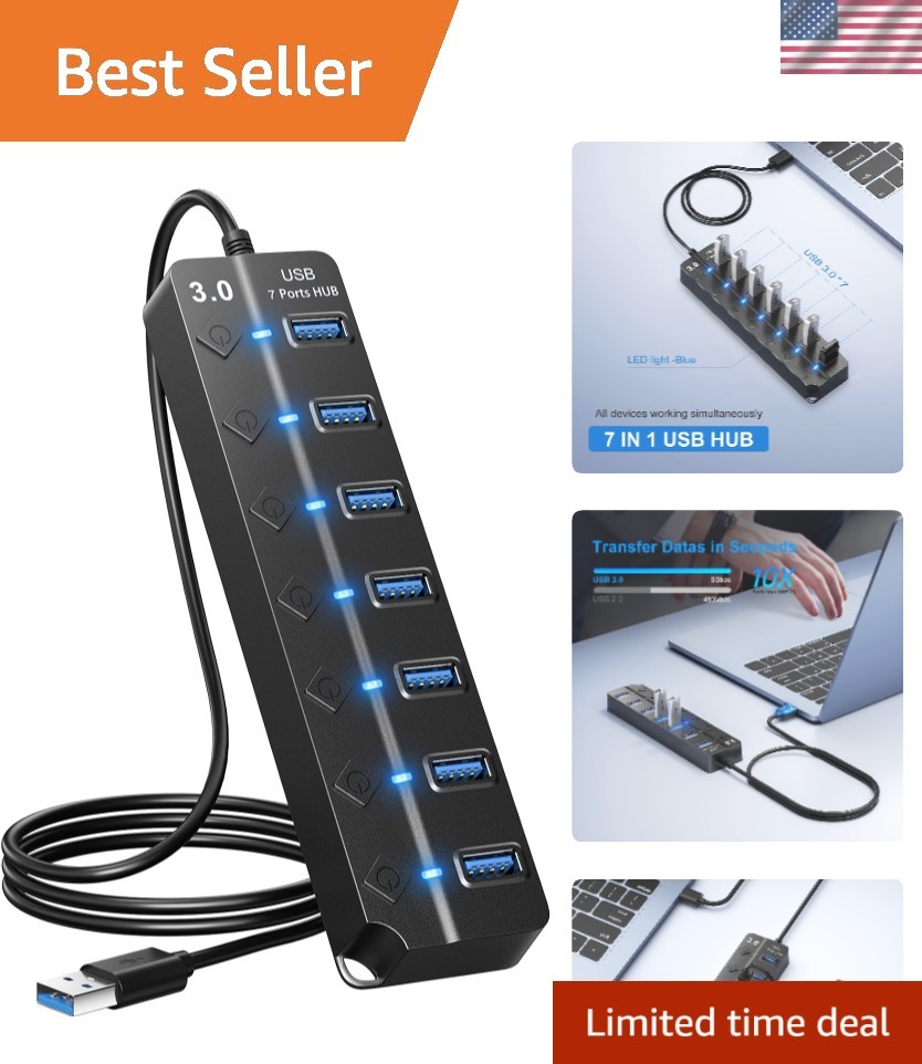 Versatile 7-Port USB Hub 3.0 with Power Control & 5Gbps Speed - Ideal for Gamers