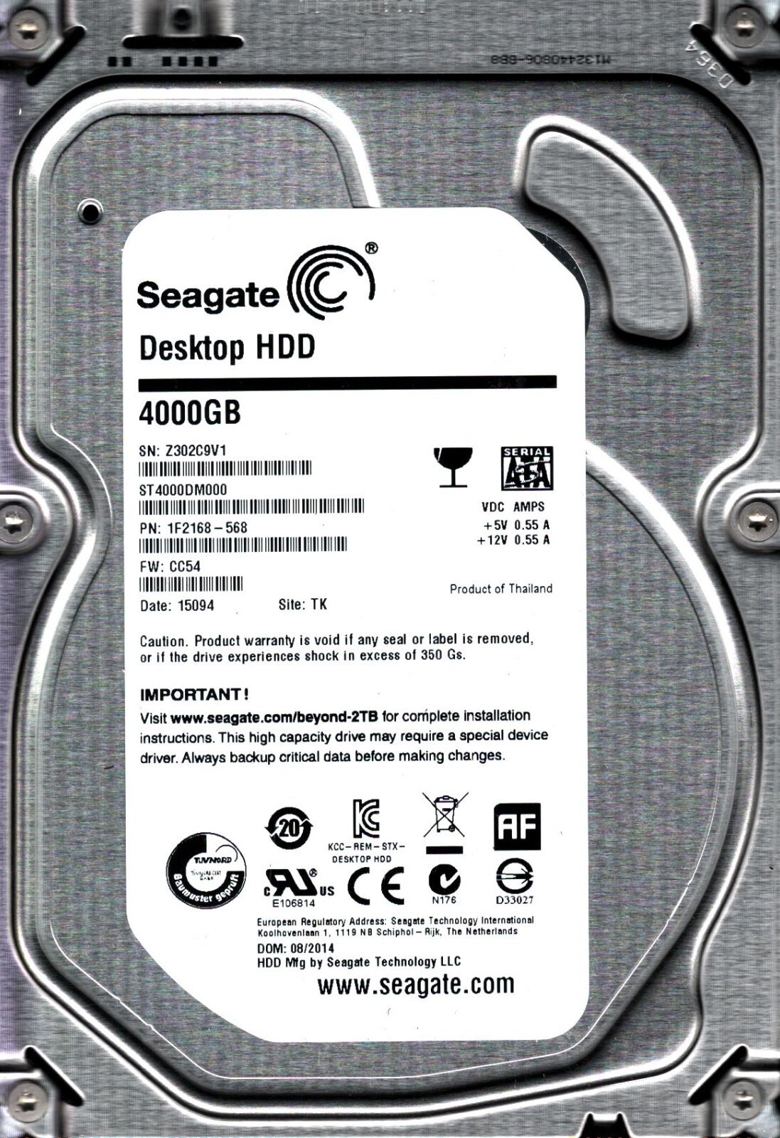ST4000DM000 P/N: 1F2168-568 F/W: CC54 S/N: Z302 TK 4TB AUG 2014 THAILAND SEAGATE