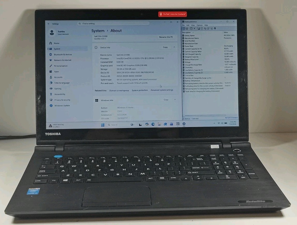 Toshiba Satellite C55t-C5300 Intel Core i3-5020U 6GB RAM 256GB SSD  15.6" Touch