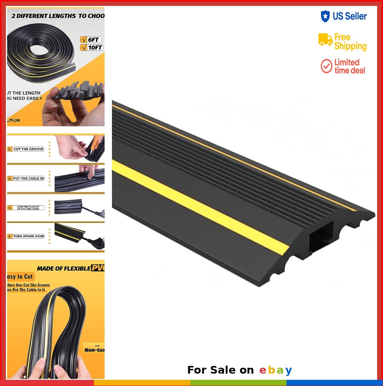 6FT Floor Cord Cover Cable Protector 5 Channel Indoor Outdoor Non Slip Soft PVC