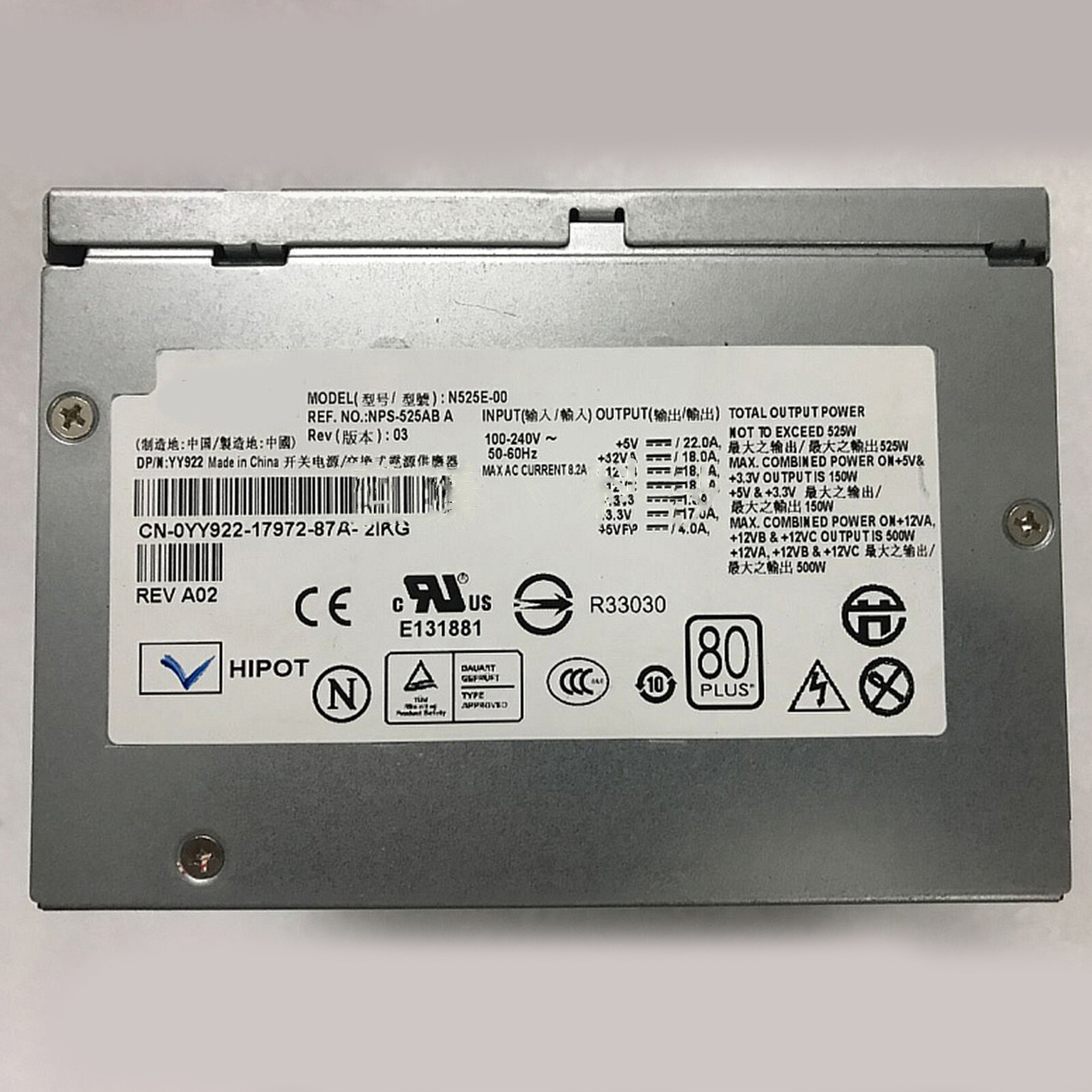 For DeLL Precision 380 390 T3400 T410 525W YY922 Power Supply N525E-00 H525E-00 