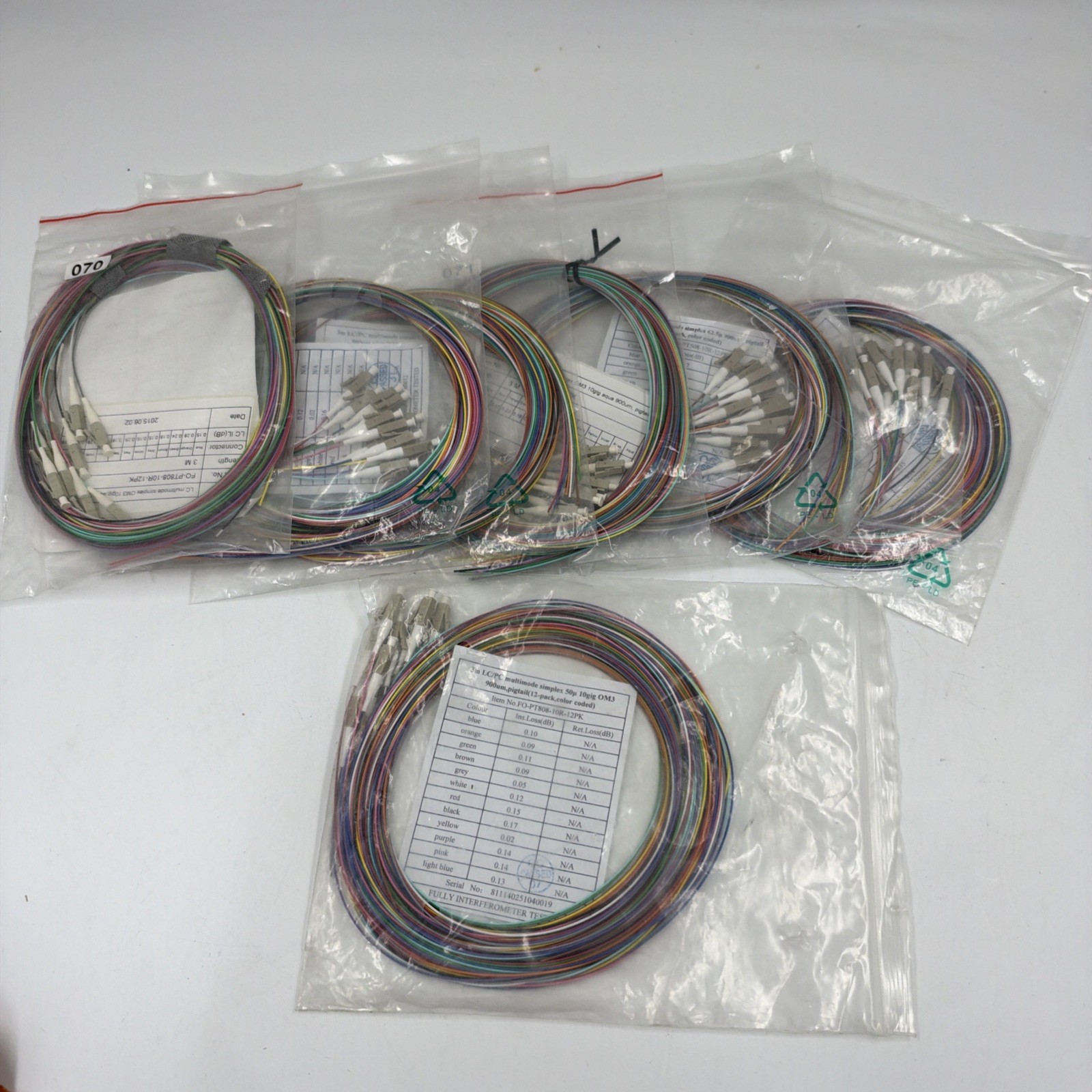 Lot of 7pcs 3M LC/PC 12-Fiber OM3Multimode Simplex 50 Micron  FO-PT808-10R-12PK