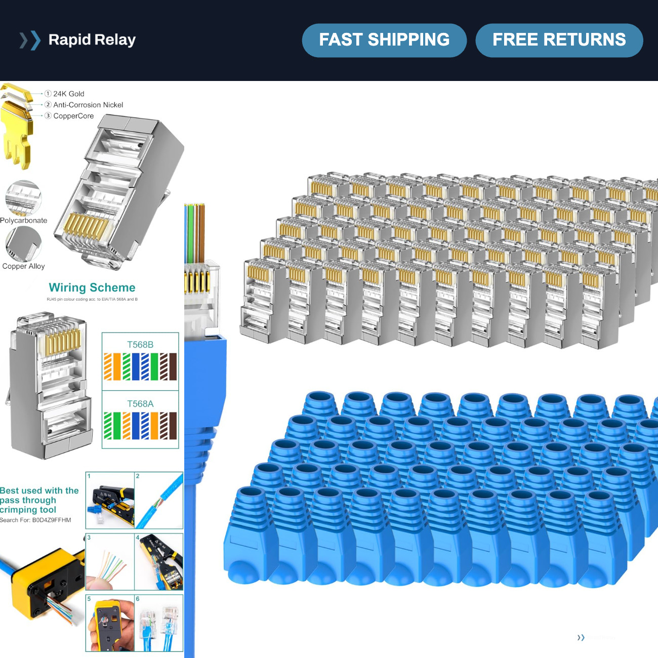 50-Pack Cat 6 Shielded Pass-Through RJ45 Connectors for Networking & Data Transf