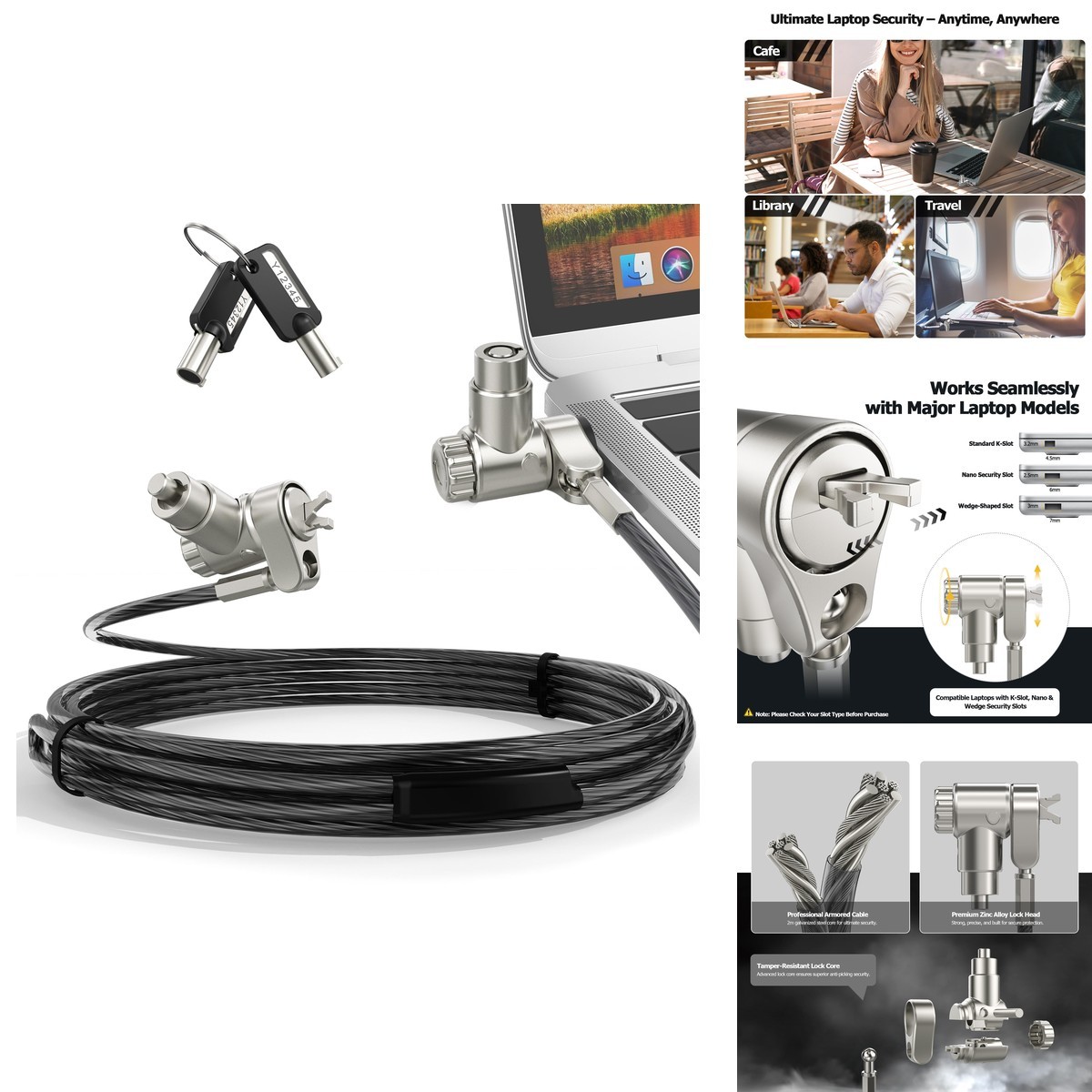 AboveTEK TL-280K 3-in-1 Laptop Cable Lock 2 Keys Cut-Resistant 360° Rotating