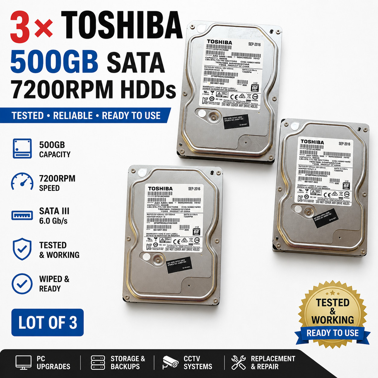 Lot of 3 Toshiba DT01ACA050 500GB 7200RPM SATA III 3.5" Desktop HDD Tested