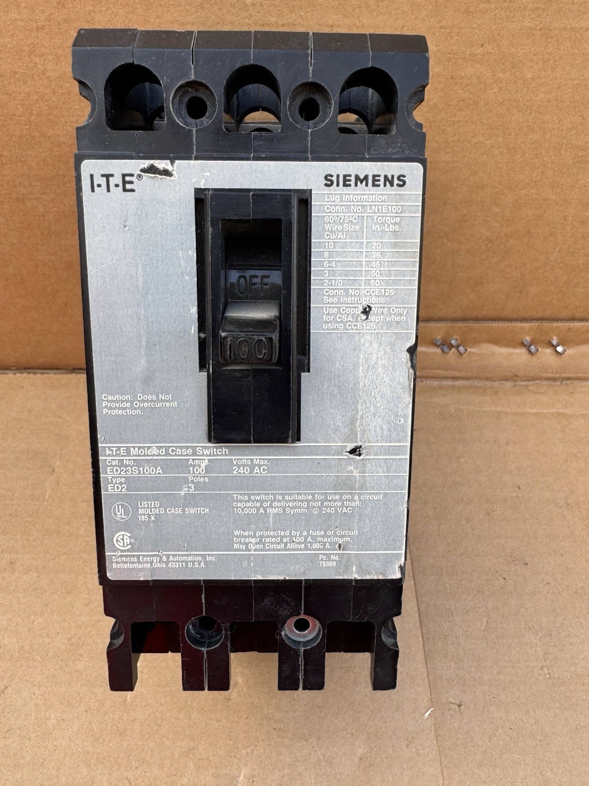 ED23S100A SIEMENS I-T-E TYPE ED2 CIRCUIT BREAKER 100 AMP 240V 3-POLE