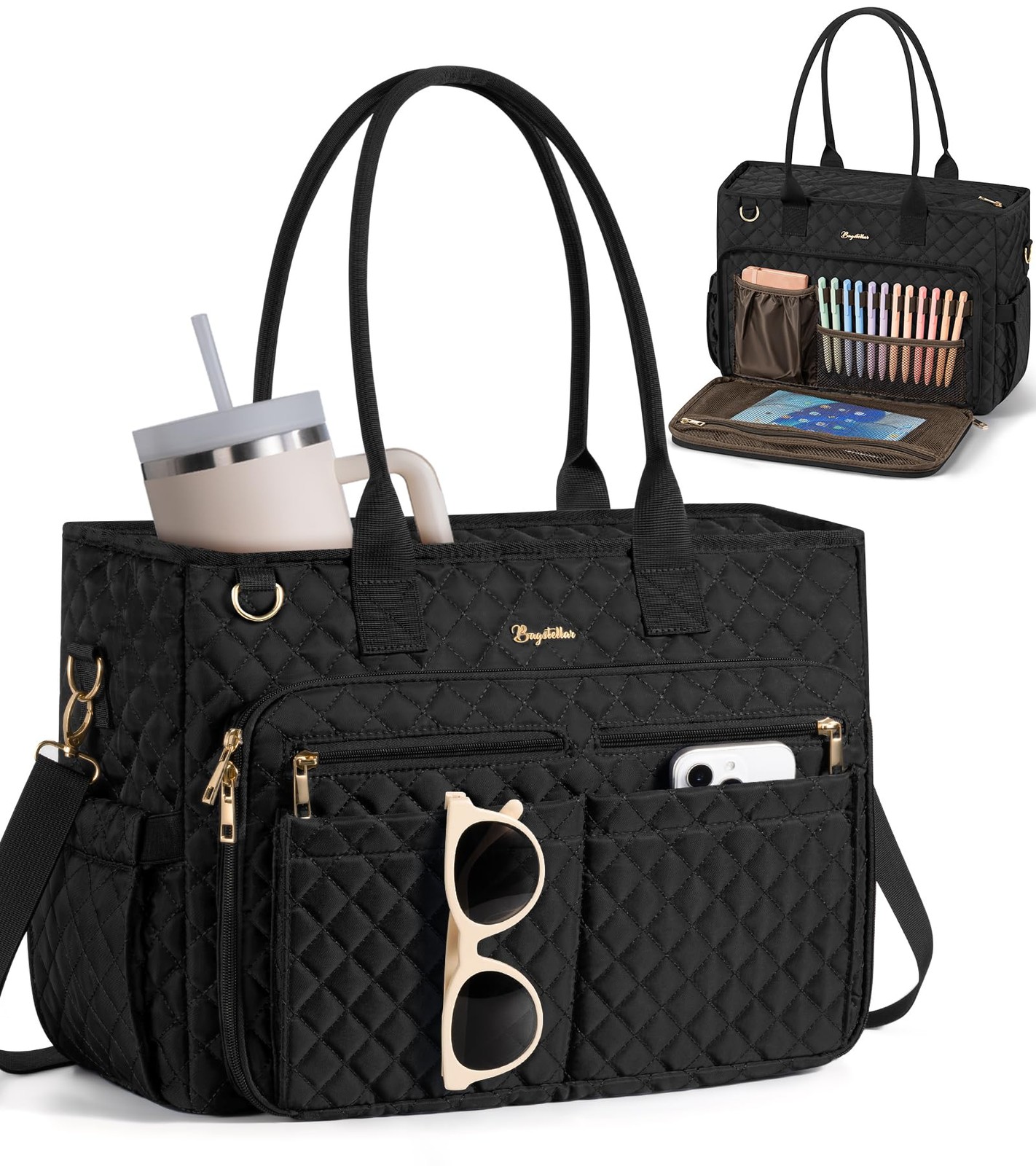 Bagstellar Teacher Tote Bag for Women, 15.6" Laptop 16.5 x 5.9 x 11.7, Black