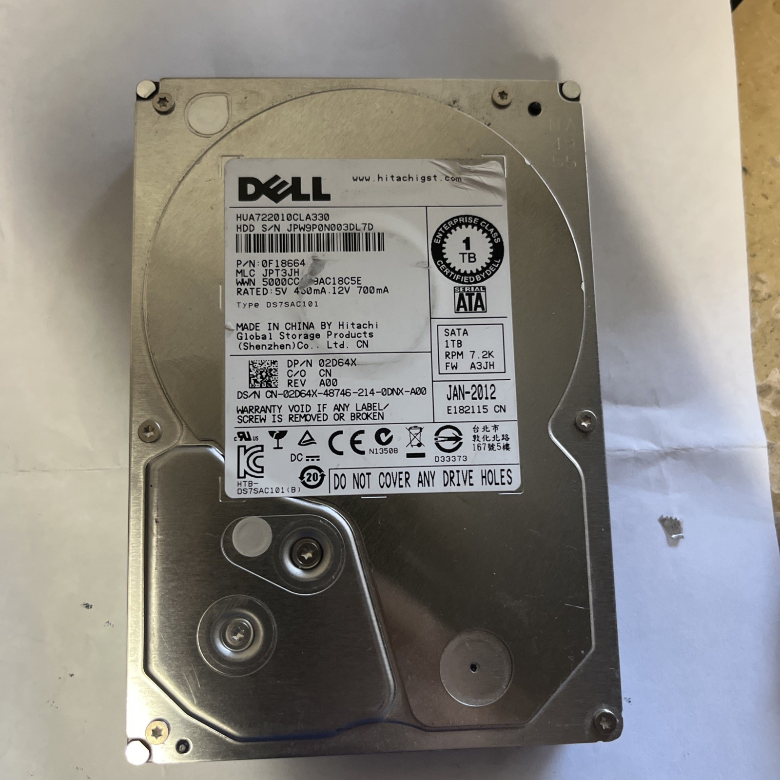 Dell Hitachi 02D64X 1TB SATA 7.2K 3GBPS ES Drive 0F18664 HUA722010CLA330 Tested