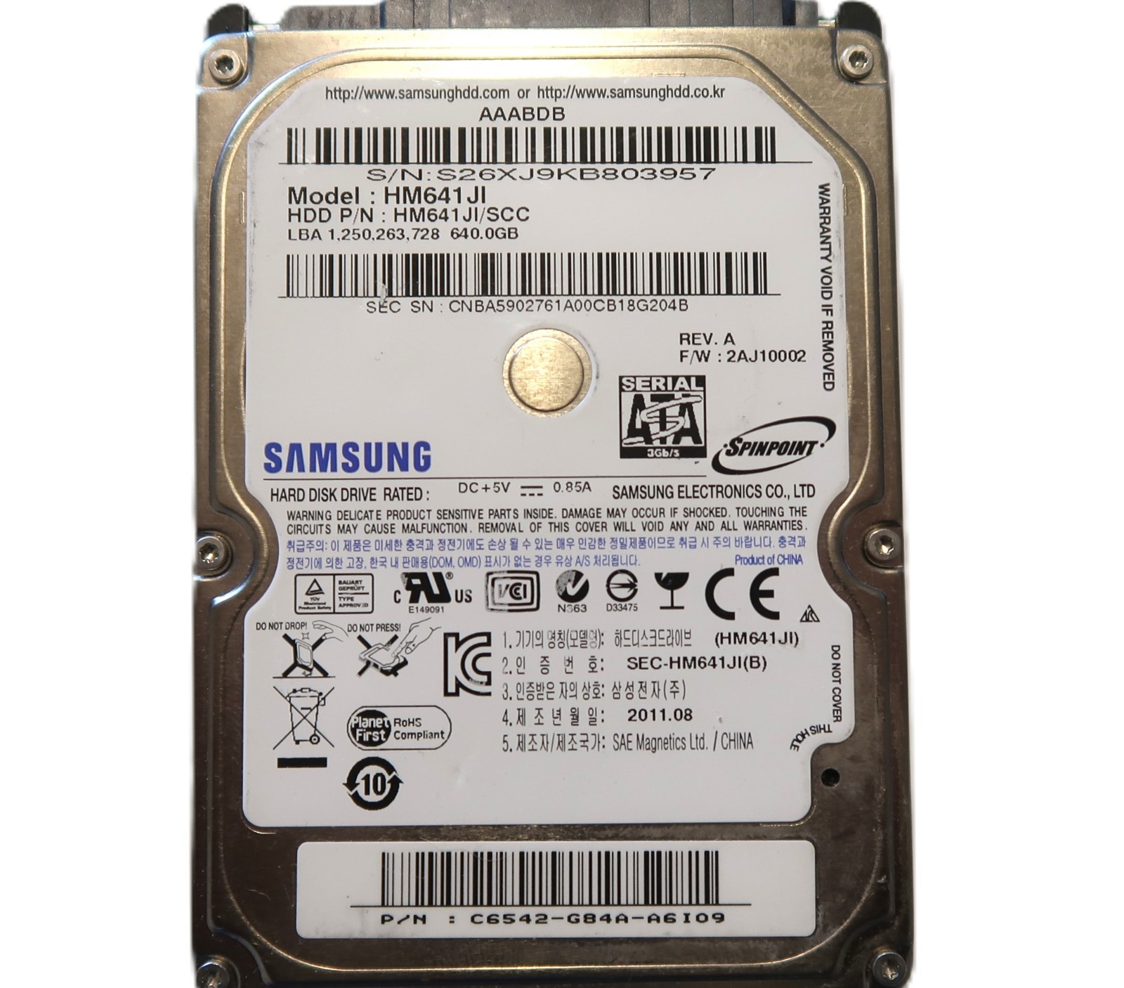 Samsung HM641JI HM641JI/SCC 2AJ10002 REVA C6542-G84A 2.5" 640gb Sata HDD 2011.08