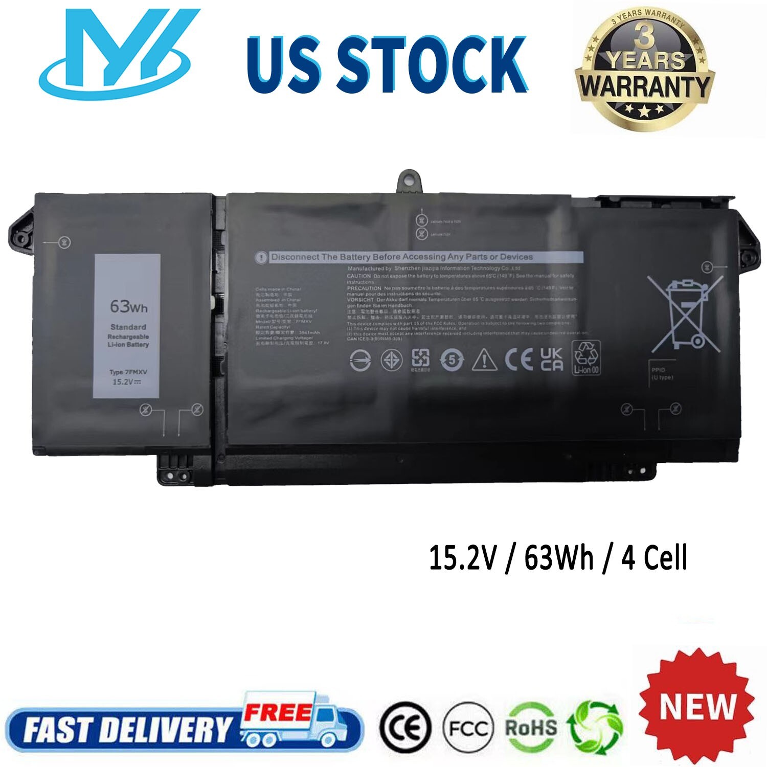 ✅7FMXV Battery For Latitude 5320 7320 7420 7520 9JM71 0TN2GY TN2GY 63Wh 15.2V