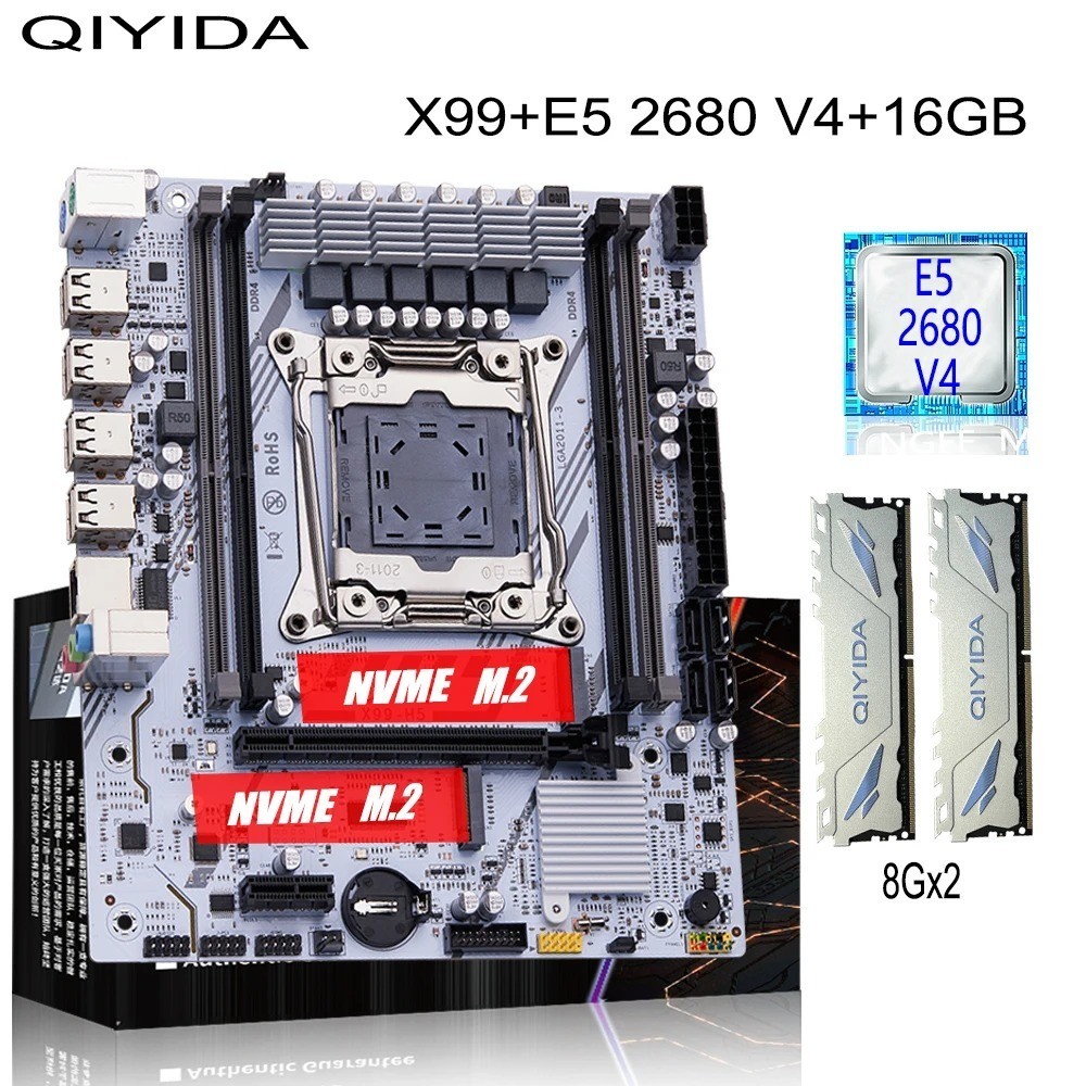 QIYIDA X99 Motherboard CPU Combo Xeon E5 2680 V4 16GB DDR4 RAM M.2 NVMe SATA