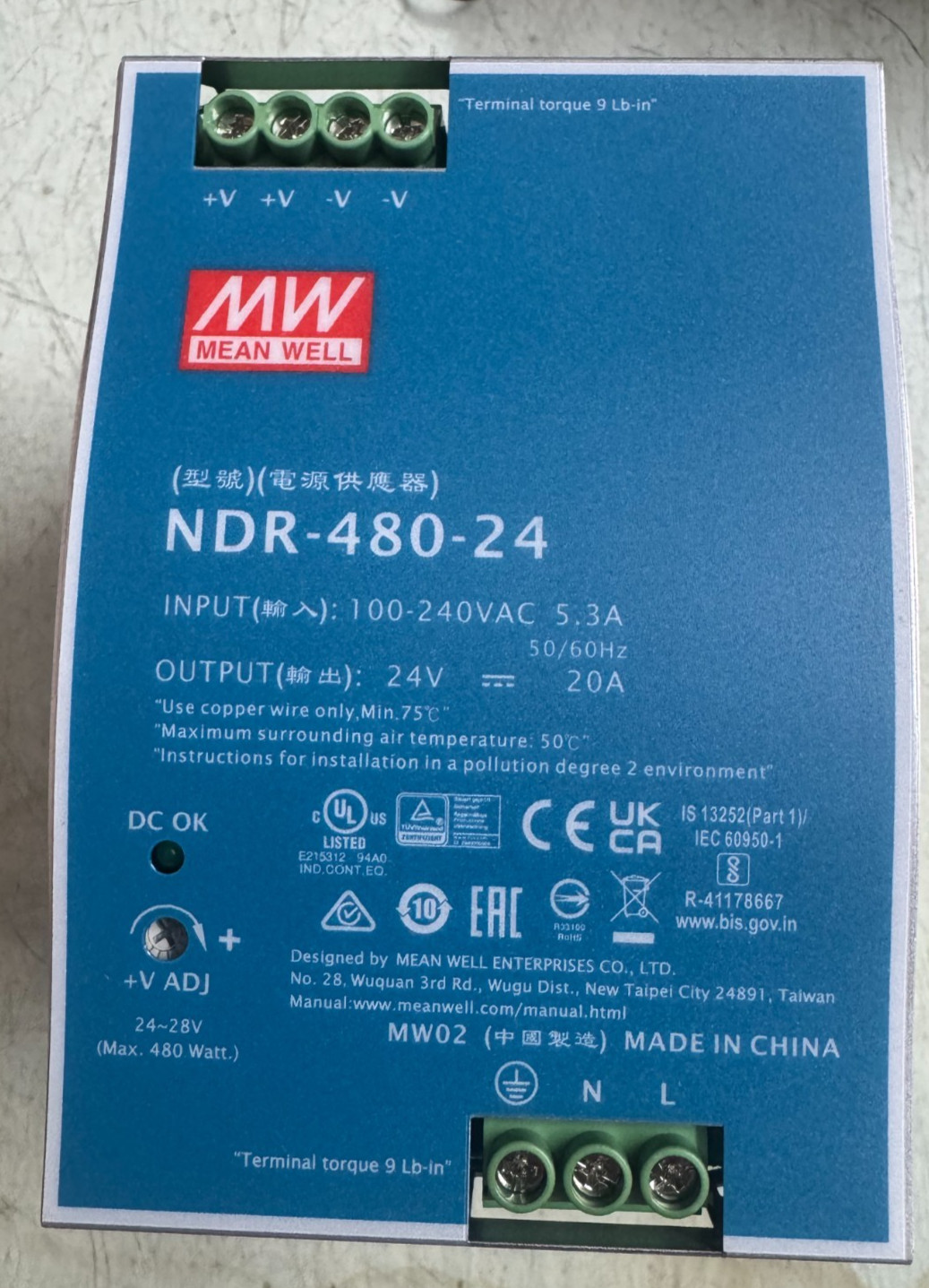 NEW DIN RAIL POWER SUPPLY NDR-480-24 20AMP I/P- 100-240VAC 5.3AMP O/P- 24V 20AMP