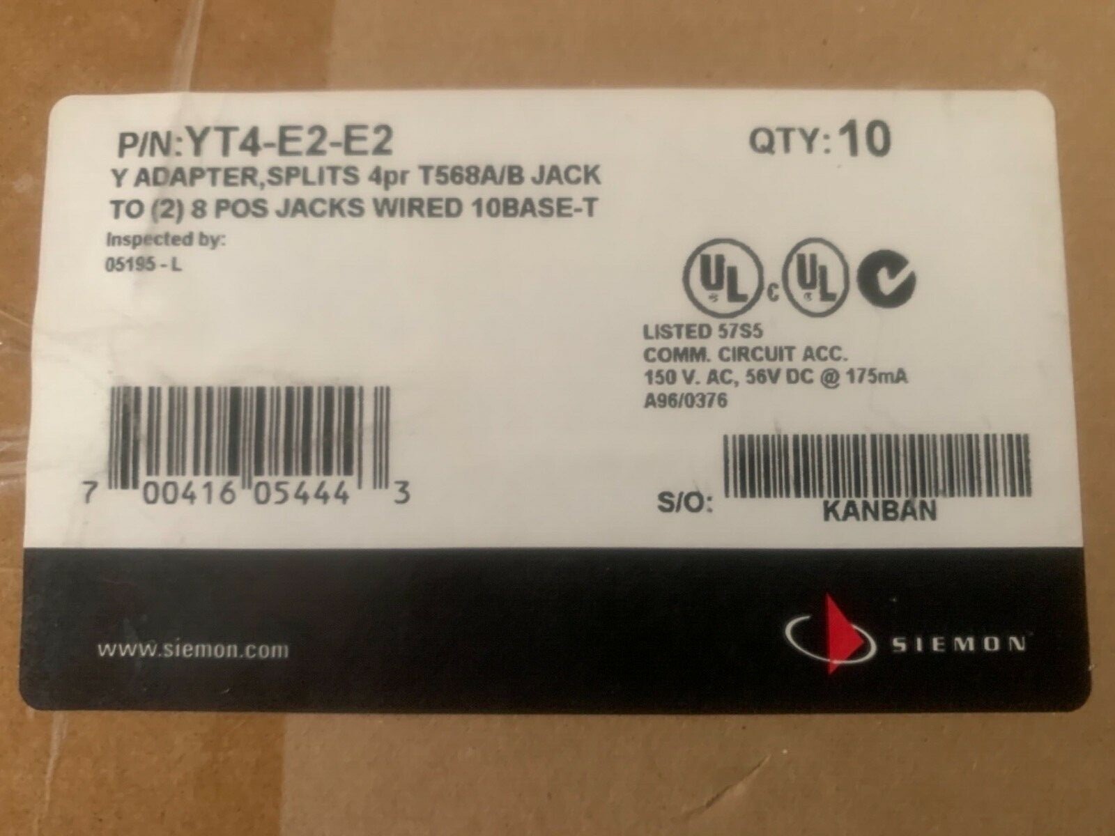 Siemon YT4-E2-E2 | Modular Y Adapter, 4-Pair T568A/B 10BASE-T Splitter X 8