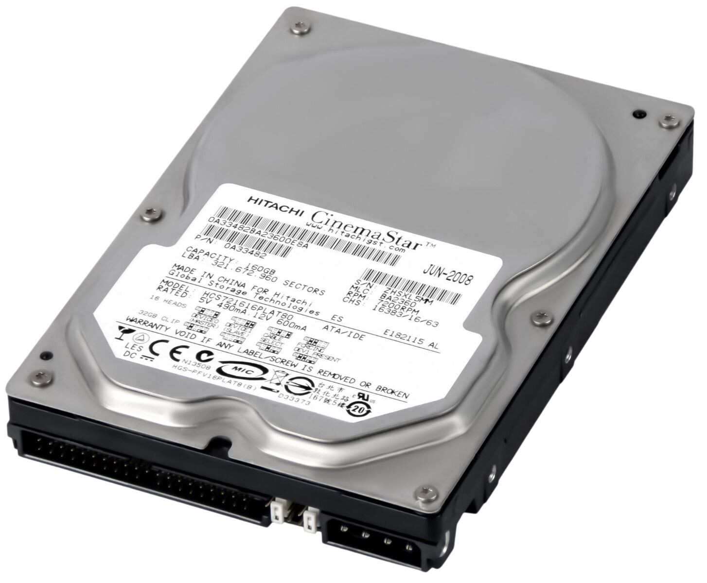 HARD DRIVE HITACHI CinemaStar 7K160 HCS721616PLAT80 160GB 7.2K 8MB ATA 3.5''