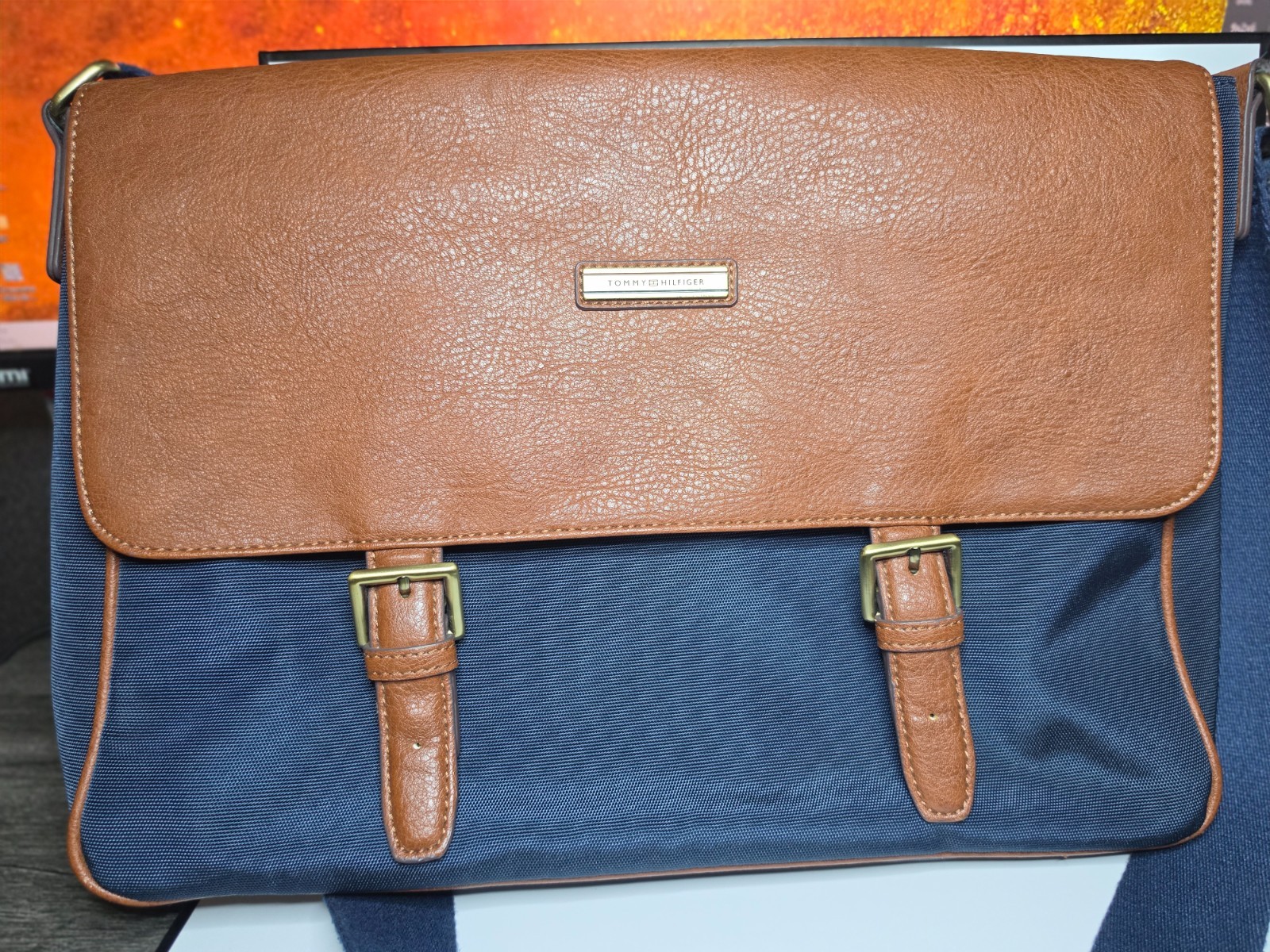 Tommy Hilfiger Canvas & Brown Leather Flap Messenger Bag Laptop Satchel 16x10